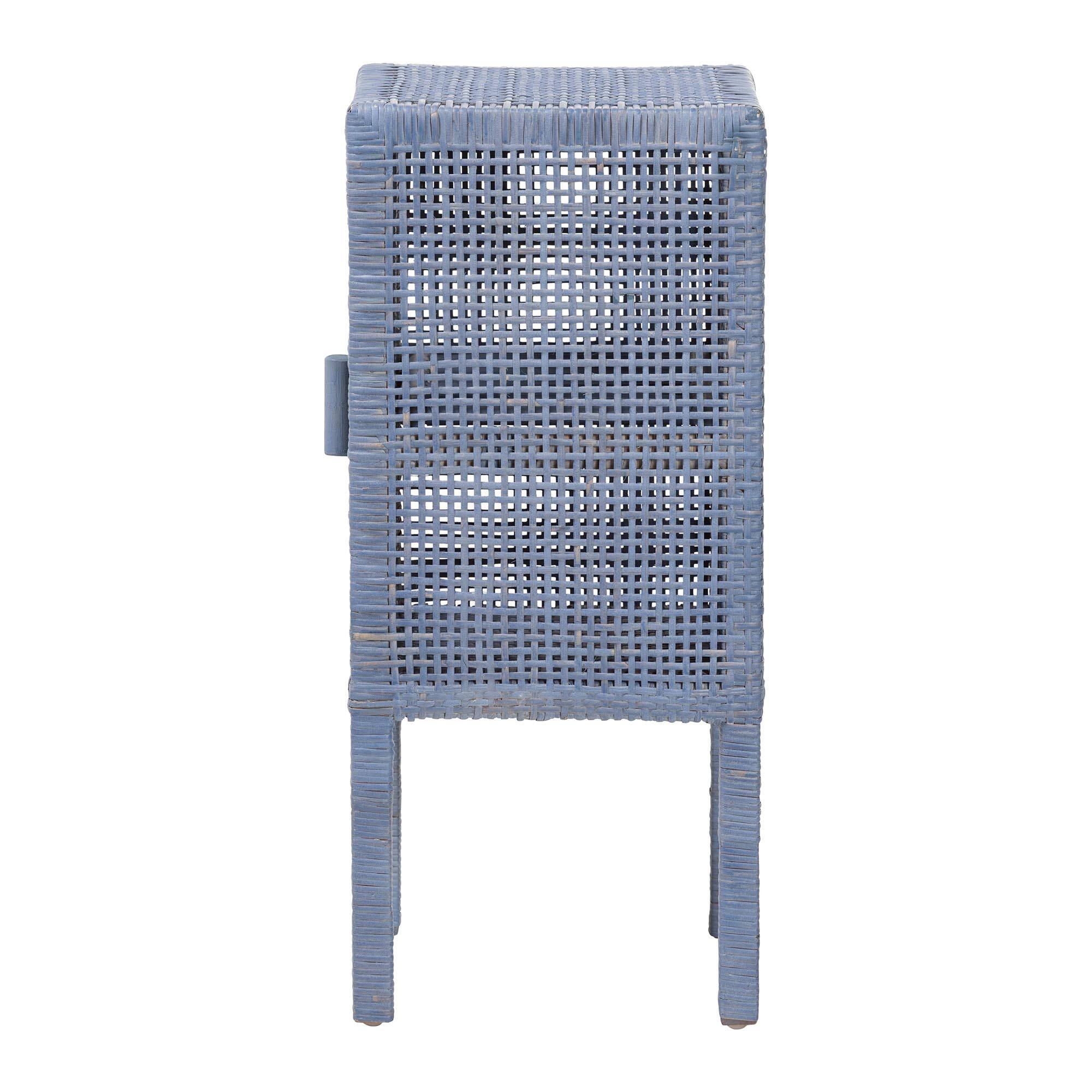 Back. bali & pari - Vivan Natural Rattan Nightstand - Handwoven Wicker Accent Bedside Table with Interior Shelving and Elevated Base - Navy Blue.