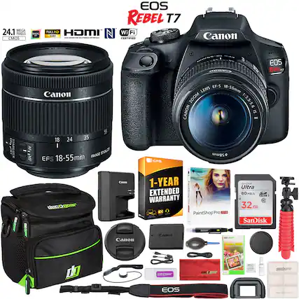 Sure, here is the corrected and grouped text from the image:
---
**Canon EOS REBEL T7**
- 24.1 MEGA PIXELS CMOS DIGIC 4
- FULL HD 1080
- HDMI
- Wi-Fi CERTIFIED
**Canon EF-S 18-55mm 1:3.5-5.6 IS II**
**Included Accessories:**
- Canon Lens EF-S 18-55mm
- Canon EOS REBEL T7 Camera Body
- Canon Lens EF-S 18-55mm 1:3.5-5.6 IS II
- Canon Lens EF-S 18-55mm 1:3.5-5.6 IS II
- Canon Lens EF-S 18-55mm 1:3.5-5.6 IS II
- Canon Lens EF-S 18-55mm 1:3.5-5.6 IS II
- Canon Lens EF-S 18-55mm 1:3.5-5.6 IS II
- Canon Lens EF-S 18-55mm 1:3.5-5.6