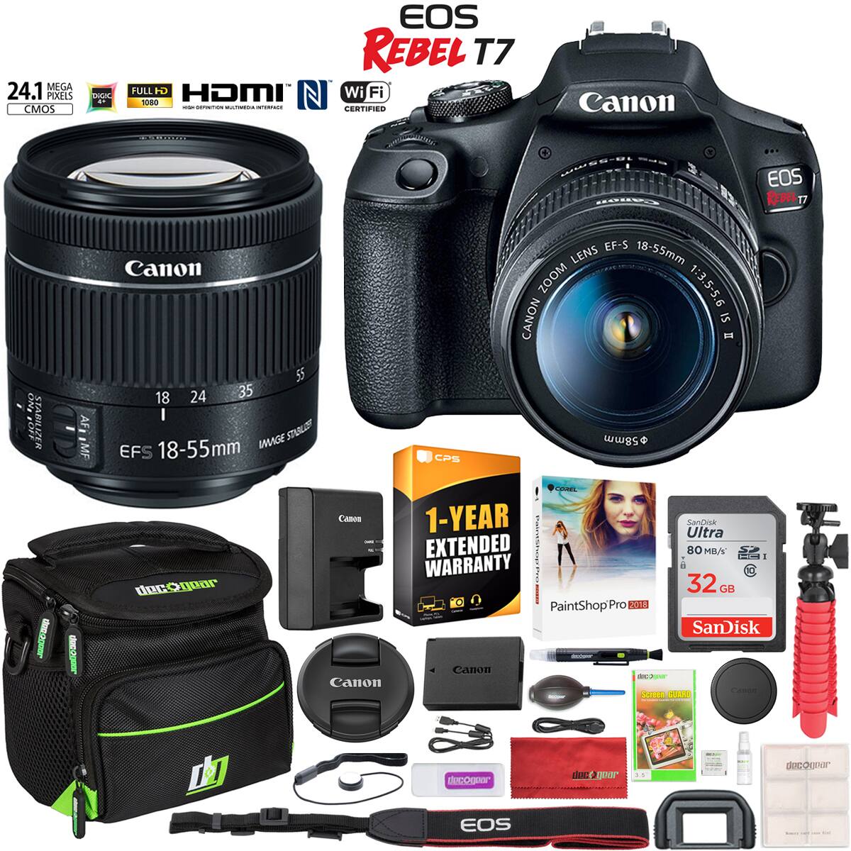 Sure, here is the corrected and grouped text from the image:

---

**Canon EOS REBEL T7**

- 24.1 MEGA PIXELS CMOS DIGIC 4
- FULL HD 1080
- HDMI
- Wi-Fi CERTIFIED

**Canon EF-S 18-55mm 1:3.5-5.6 IS II**

**Included Accessories:**

- Canon Lens EF-S 18-55mm
- Canon EOS REBEL T7 Camera Body
- Canon Lens EF-S 18-55mm 1:3.5-5.6 IS II
- Canon Lens EF-S 18-55mm 1:3.5-5.6 IS II
- Canon Lens EF-S 18-55mm 1:3.5-5.6 IS II
- Canon Lens EF-S 18-55mm 1:3.5-5.6 IS II
- Canon Lens EF-S 18-55mm 1:3.5-5.6 IS II
- Canon Lens EF-S 18-55mm 1:3.5-5.6