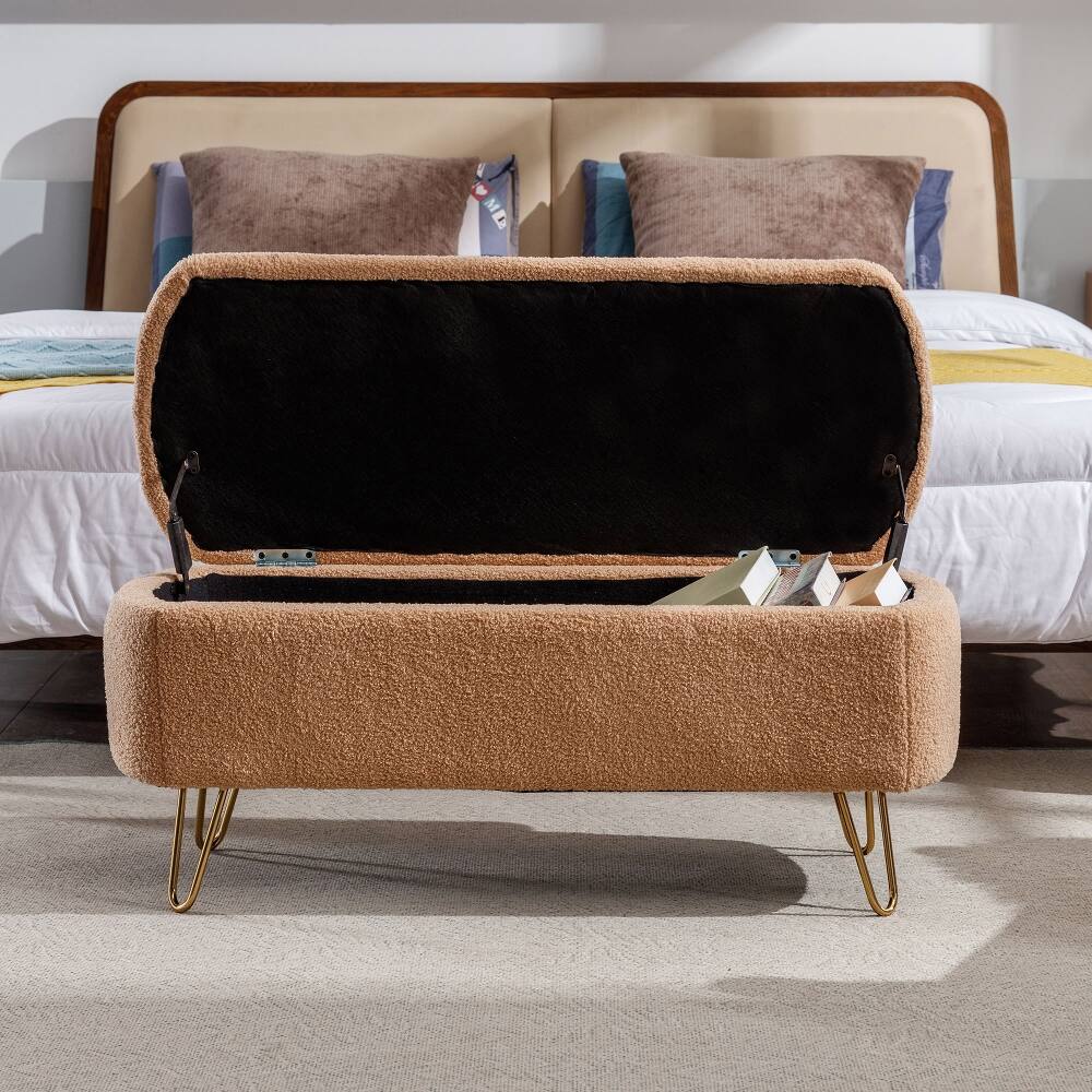 Alt View 2. Ropilly - Ropilly Camel Storage Ottoman Bench, Modern Faux Fur Entryway Bench with Gold Legs, Upholstered End of Bed Bench - Camel.