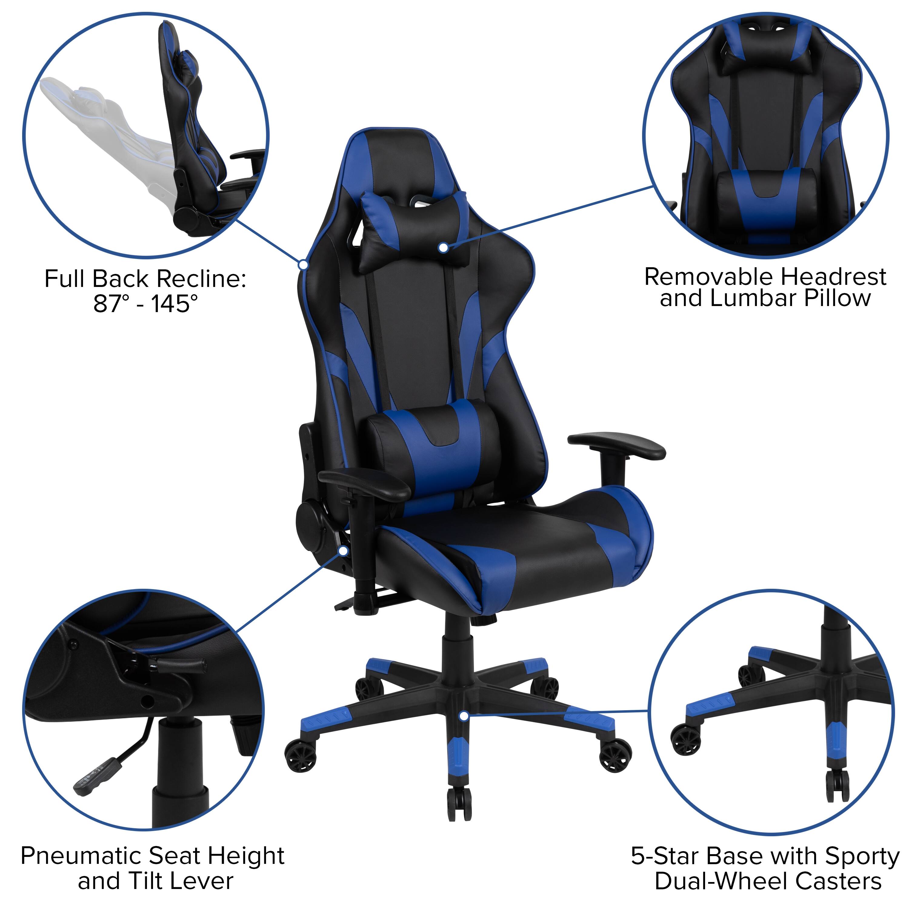 Full Back Recline: 87° - 145°  
Removable Headrest and Lumbar Pillow  
Pneumatic Seat Height and Tilt Lever  
5-Star Base with Sporty Dual-Wheel Casters