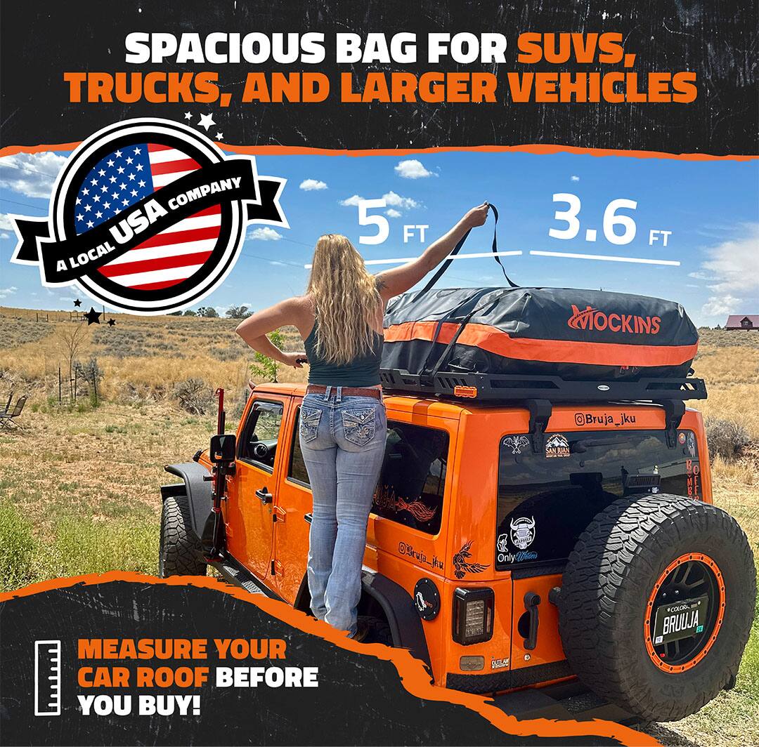 SPACIOUS BAG FOR SUVs, TRUCKS, AND LARGER VEHICLES

A LOCAL USA COMPANY

5 FT 3.6 FT

MEASURE YOUR CAR ROOF BEFORE YOU BUY!