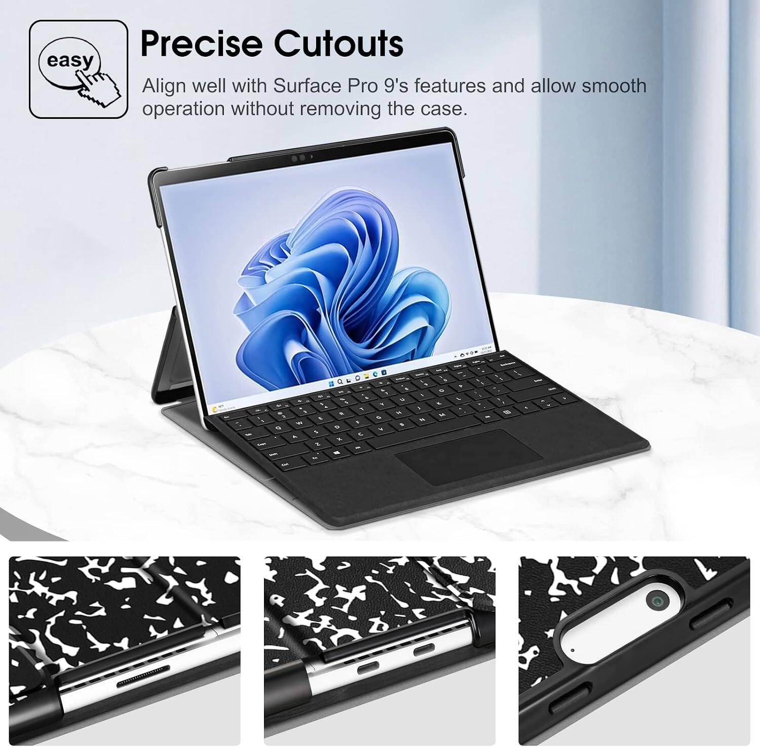 Precise Cutouts align well with Surface Pro 9's features and allow smooth operation without removing the case.