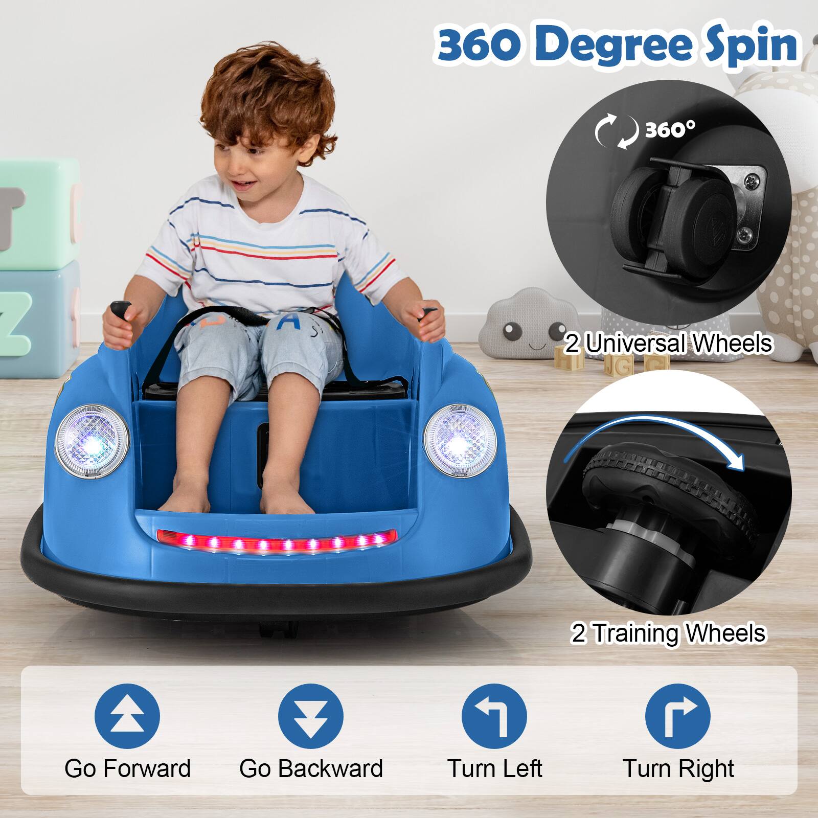 360 Degree Spin

360°

2 Universal Wheels

2 Training Wheels

Go Forward

Go Backward

Turn Left

Turn Right