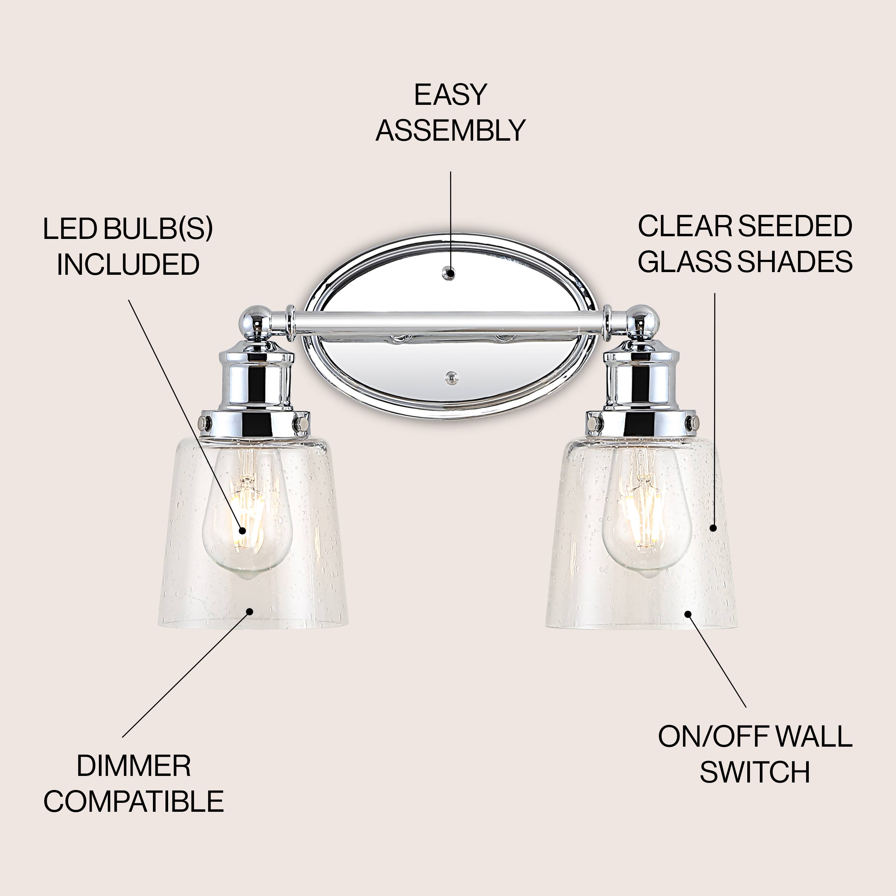 EASY ASSEMBLY  
LED BULB(S) INCLUDED  
CLEAR SEEDED GLASS SHADES  
DIMMER COMPATIBLE  
ON/OFF WALL SWITCH