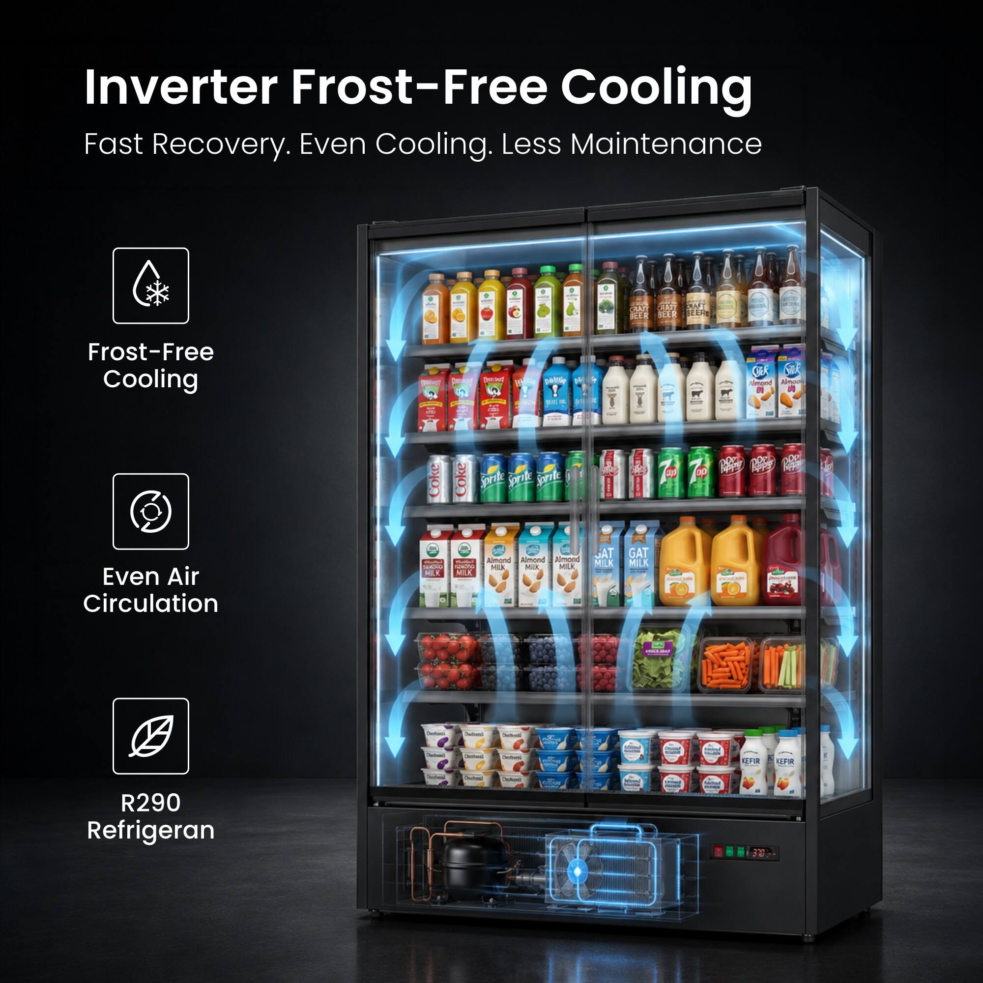 Inverter Frost-Free Cooling  
Fast Recovery. Even Cooling. Less Maintenance

Frost-Free Cooling  
Even Air Circulation  
R290 Refrigerant