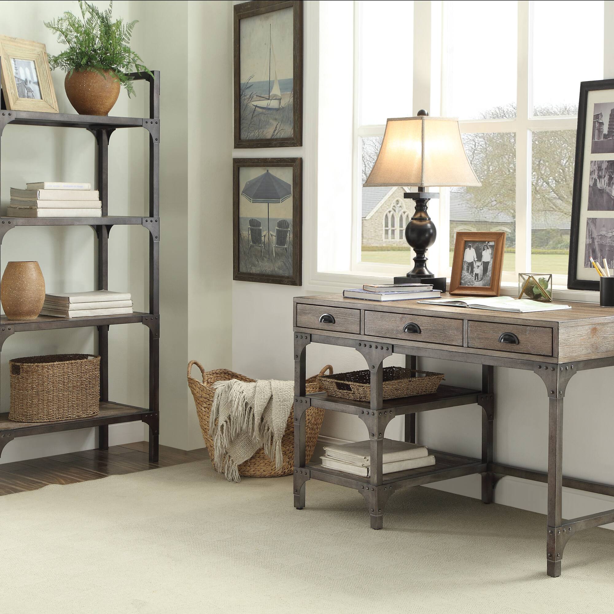 GOODSILO - Weathered Finish Antique Silver Metal Writing Desk with Three Drawers and Open Shelves - Oak - Thumbnail 2