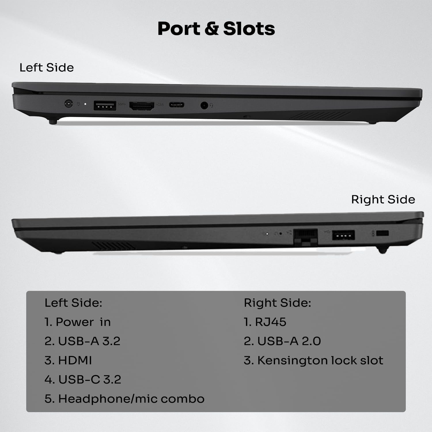 Left Side: 1. Power in 2. USB-A 3.2 3. HDMI 4. USB-C 3.2 5. Headphone/mic combo
Right Side: 1. RJ45 2. USB-A 2.0 3. Kensington lock slot