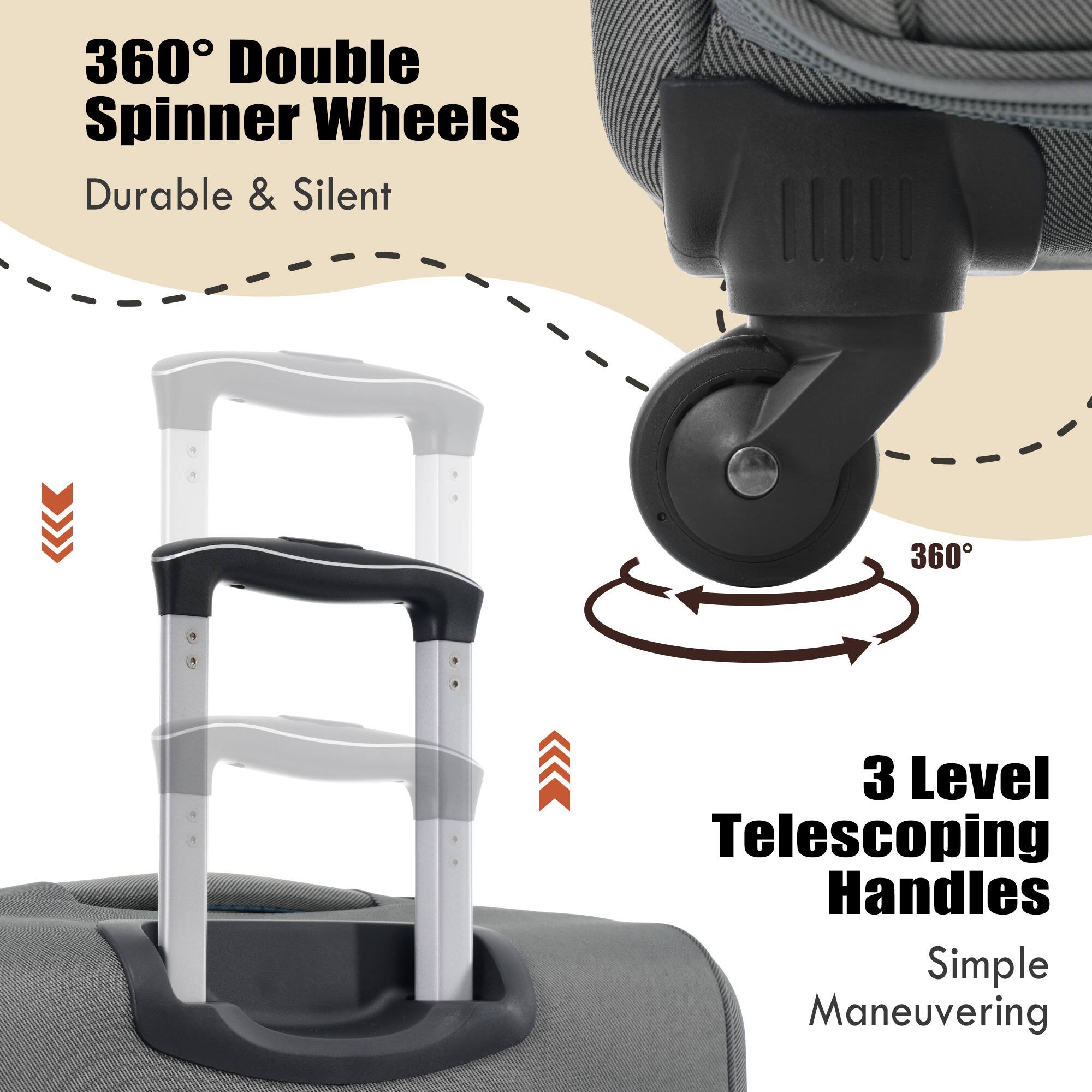 360° Double Spinner Wheels  
Durable & Silent  

3 Level Telescoping Handles  
Simple Maneuvering