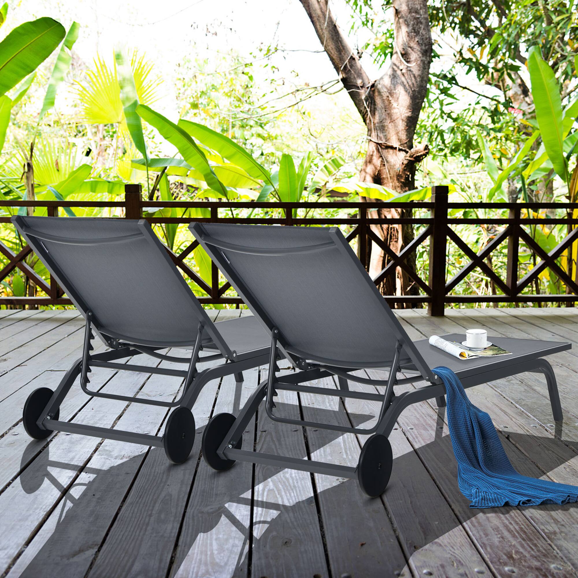 Alt View 3. Costway - Costway Set of 2 Patio Chaise Lounge Chair Aluminum Adjustable Recliner w/ Wheels - Gray.