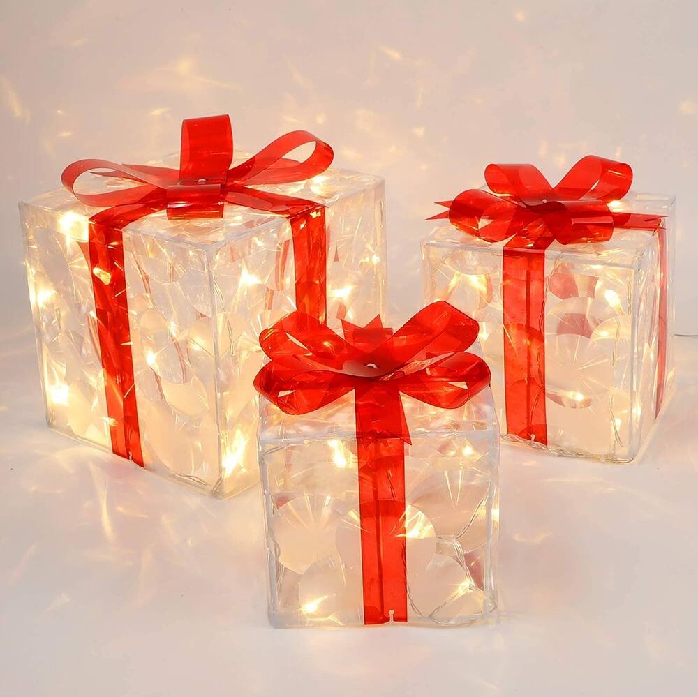 Angle. RTMB - 3-Pack Christmas Lighted Boxes with 60 LED Lights, Outdoor Yard Decor, Festive Light-Up Present Decorations - White.
