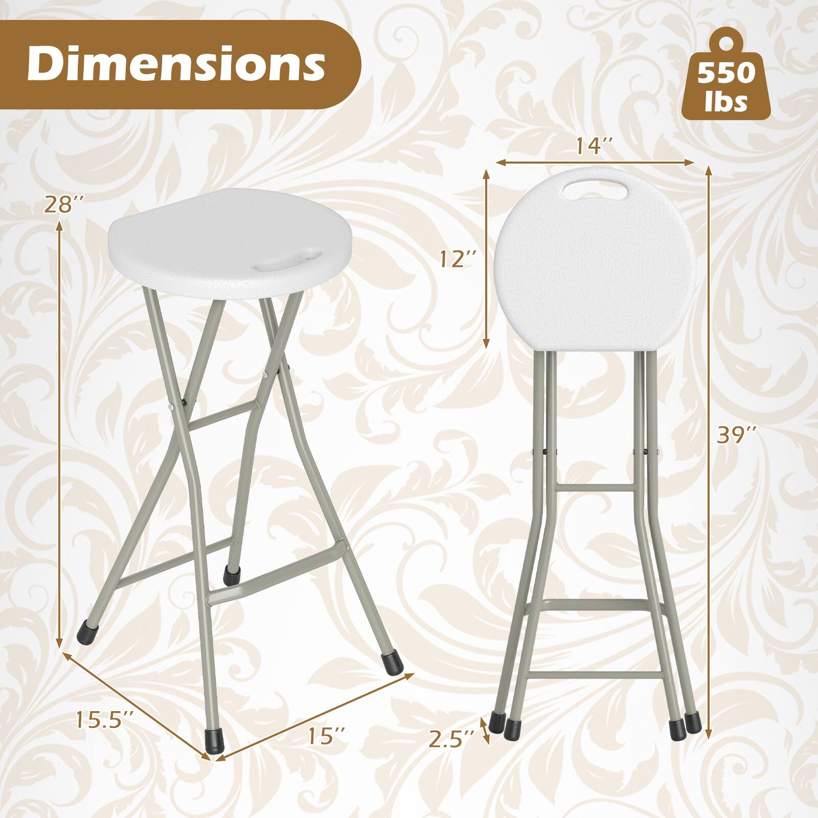 Dimensions  
550 lbs  
14"  
28"  
12"  
39"  
15.5"  
15"  
2.5"