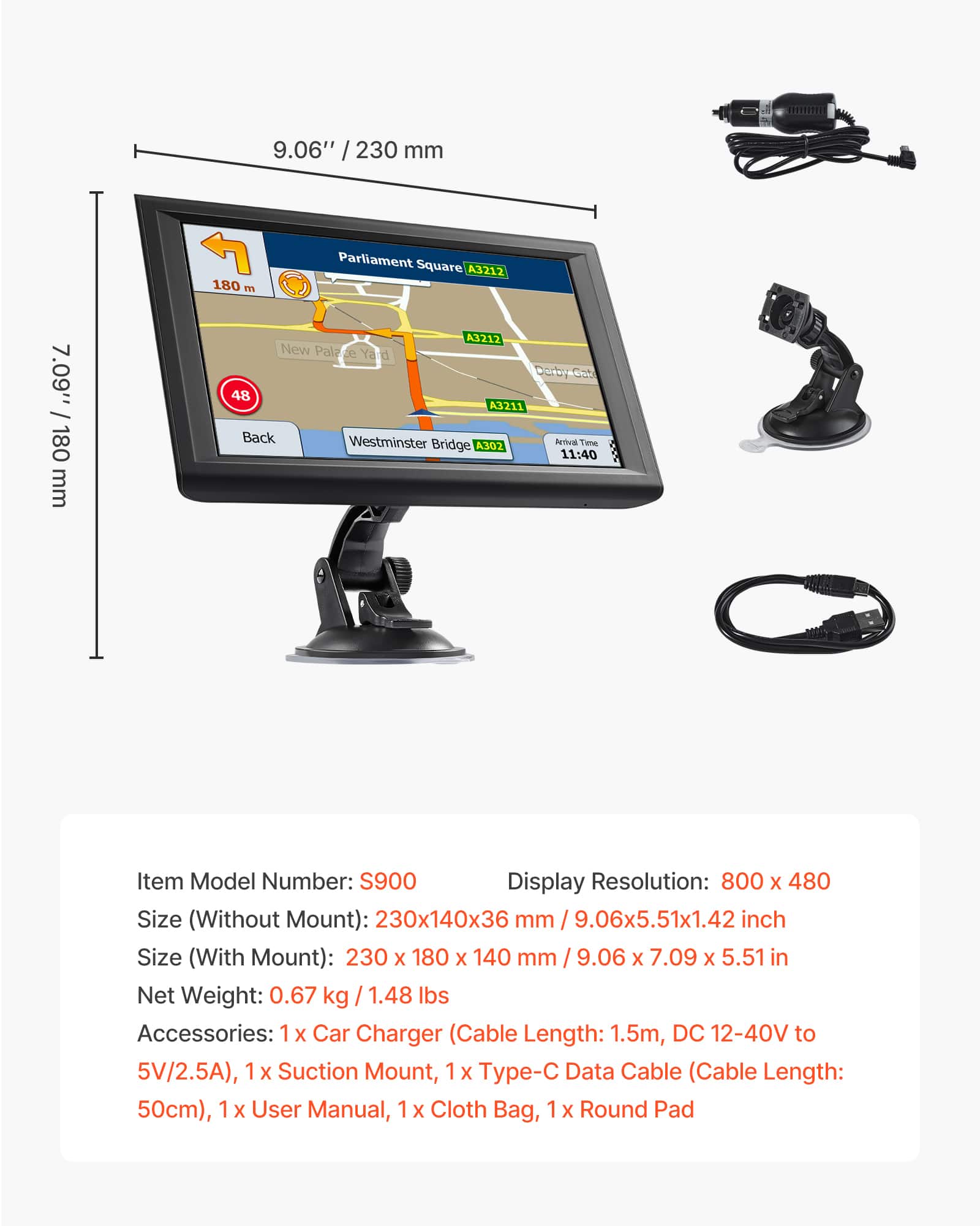 VEVOR GPS Navigator for Car, 9 inch Touch Screen 16GB GPS