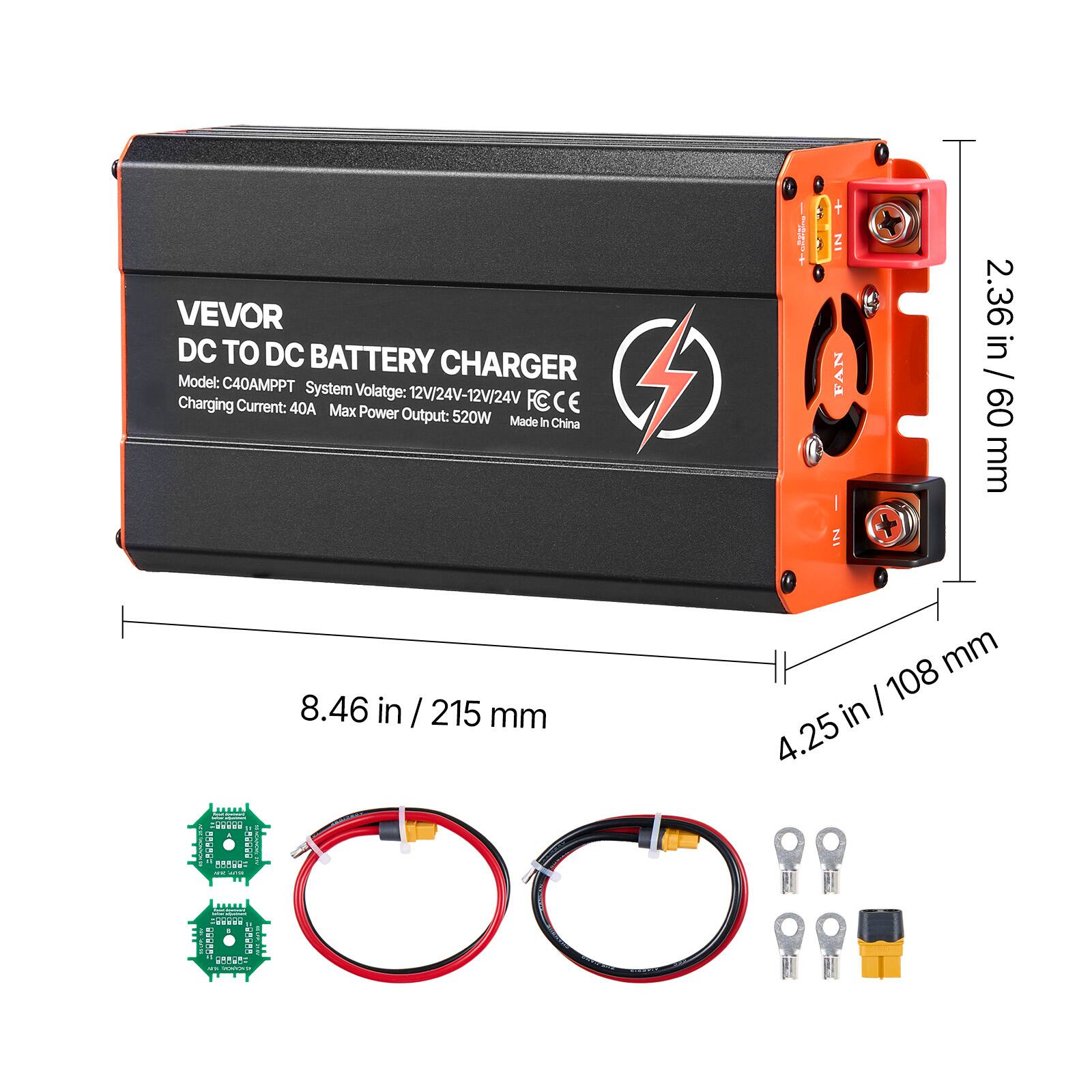 VEVOR DC TO DC BATTERY CHARGER  
Model: C40AMPPT  
System Voltage: 12V/24V-12V/24V  
Charging Current: 40A  
Max Power Output: 520W  
Made in China  

Dimensions:  
- Height: 2.36 in / 60 mm  
- Width: 8.46 in / 215 mm  
- Depth: 4.25 in / 108 mm