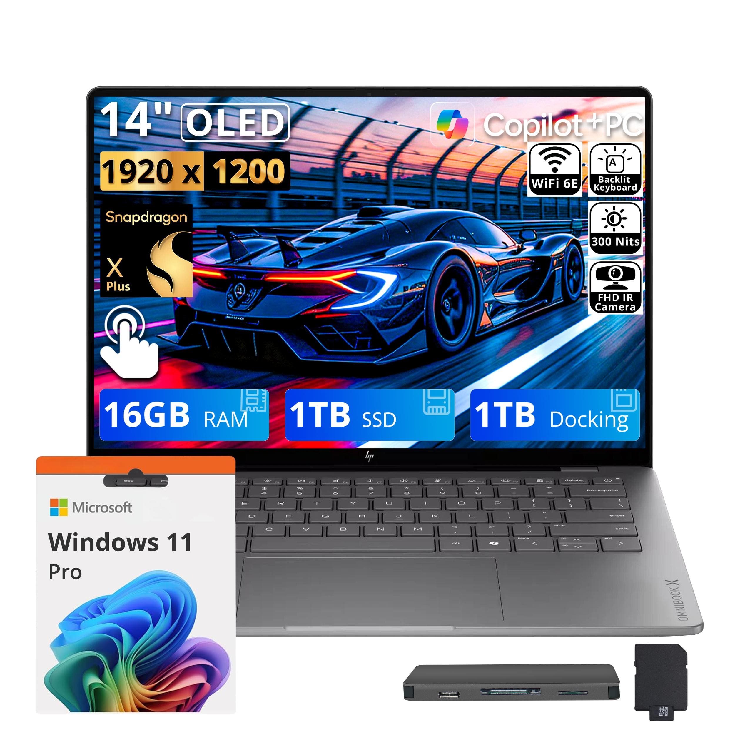 HP - Upgraded - OmniBook X 14" 2K AI Touch Laptop,Snapdragon X Plus X1P-42-100,16GB RAM,1TB SSD+1TB Dock,Backlit,Win 11 Pro - Silver