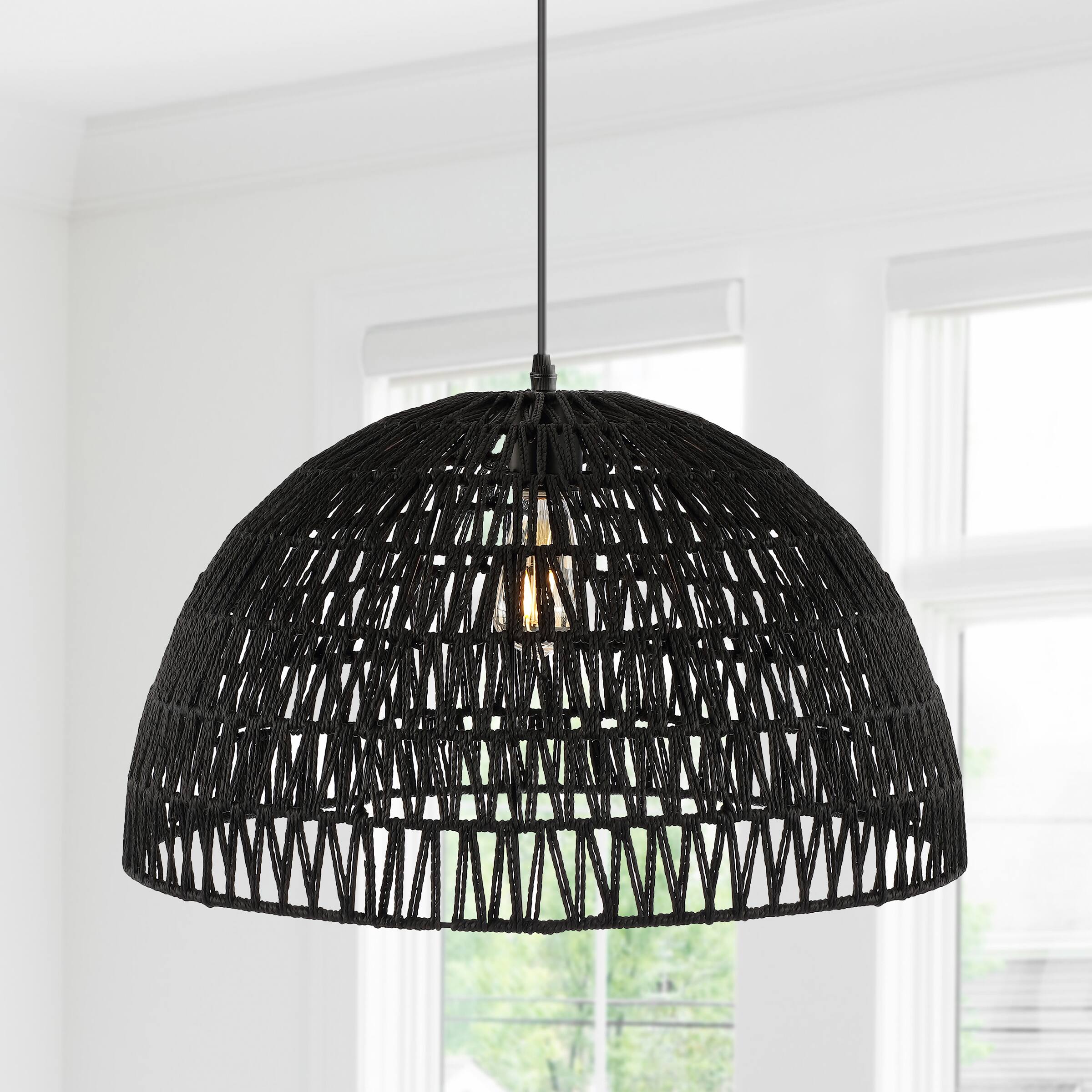 Alt View 1. Jonathan Y - Campana 20" 1-Light Bohemian Modern Woven Rope/Iron LED Pendant, Black - Black.