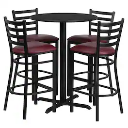 Emma + Oliver - 30" Round Laminate Table Set with X-Base and 4 Ladder Back Stools - Black Top/Burgundy Vinyl Seat
