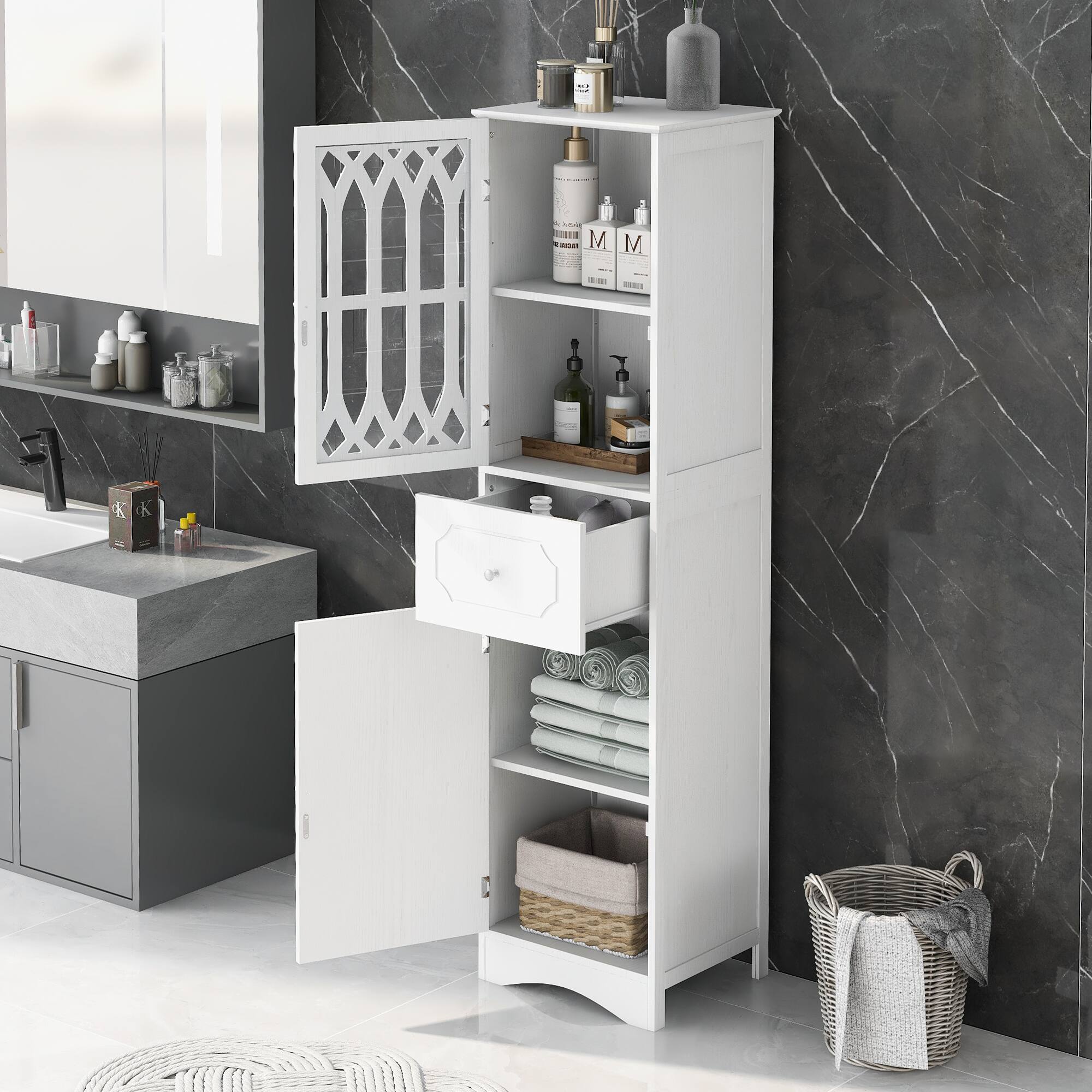 Alt View 1. Ecooso - Tall Freestanding Bathroom Cabinet with Drawer, Doors, MDF Board, Acrylic Door, Adjustable Shelf - White.