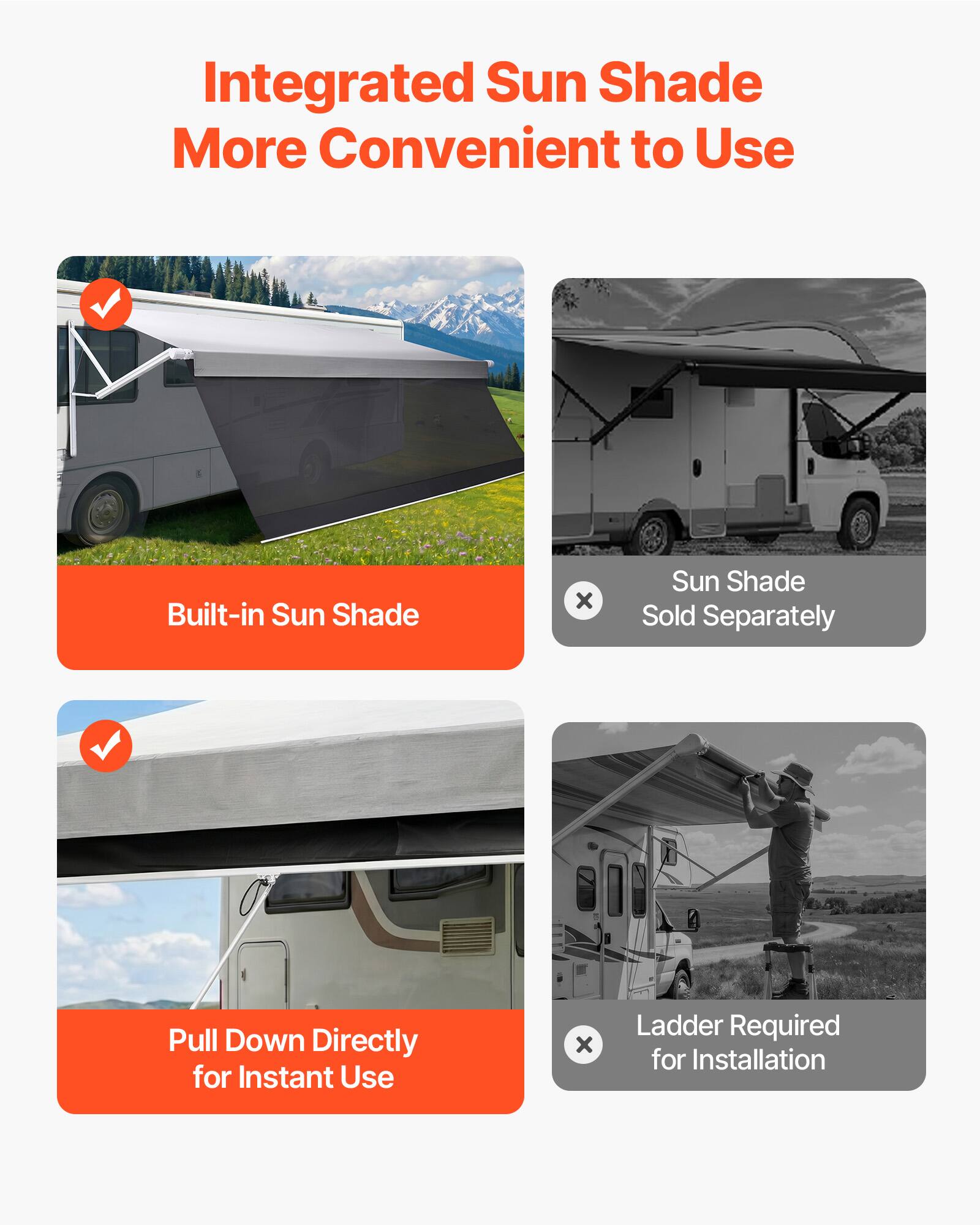 Integrated Sun Shade More Convenient to Use

- Built-in Sun Shade
- Sun Shade Sold Separately
- Pull Down Directly for Instant Use
- Ladder Required for Installation