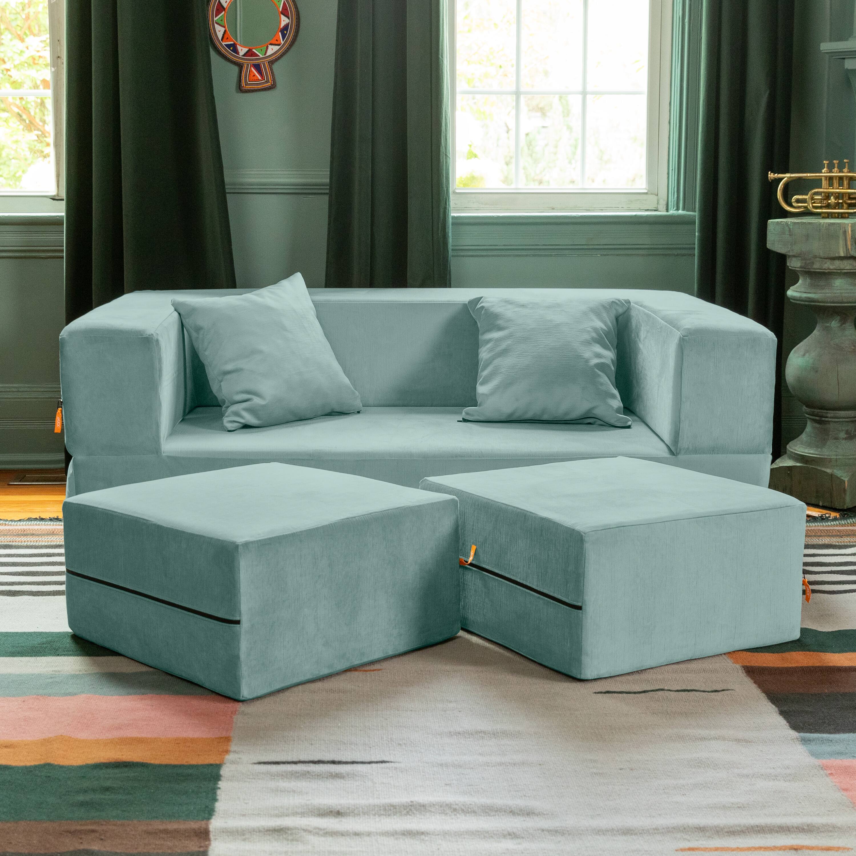 Alt View 1. Jaxx - Jaxx Zipline Convertible Sleeper Loveseat & Ottomans, Textured Microvelvet - Caribbean - Caribbean.