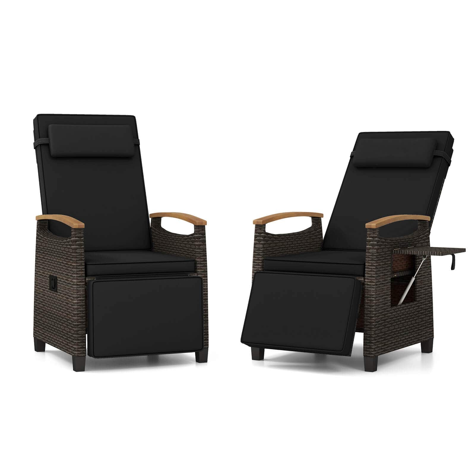 Costway - 2 PCS Patio Wicker Recliner Chair with Adjustable Backrest & Footrest Flip Side Table - Mix Brown,Black