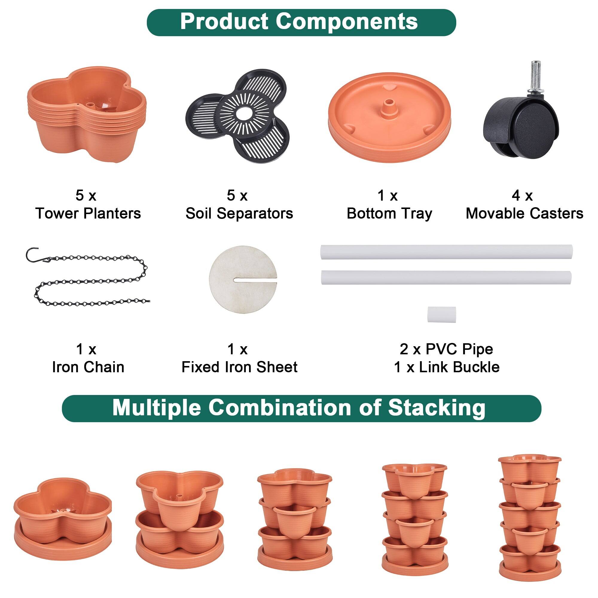 Product Components

- 5 x Tower Planters
- 5 x Soil Separators
- 1 x Bottom Tray
- 4 x Movable Casters
- 1 x Iron Chain
- 1 x Fixed Iron Sheet
- 2 x PVC Pipe
- 1 x Link Buckle

Multiple Combination of Stacking