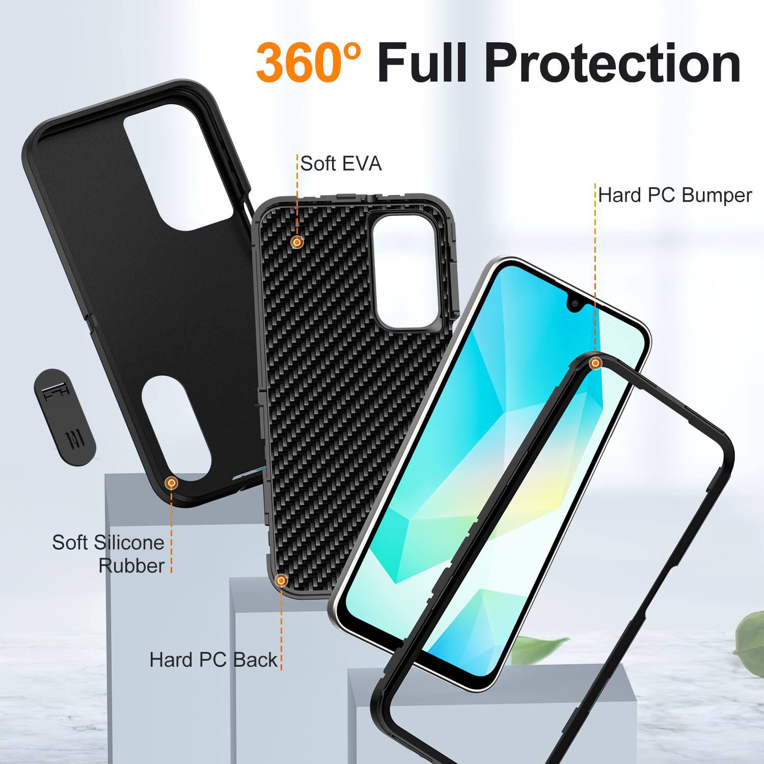 360° Full Protection

- Soft EVA
- Hard PC Bumper
- Soft Silicone Rubber
- Hard PC Back