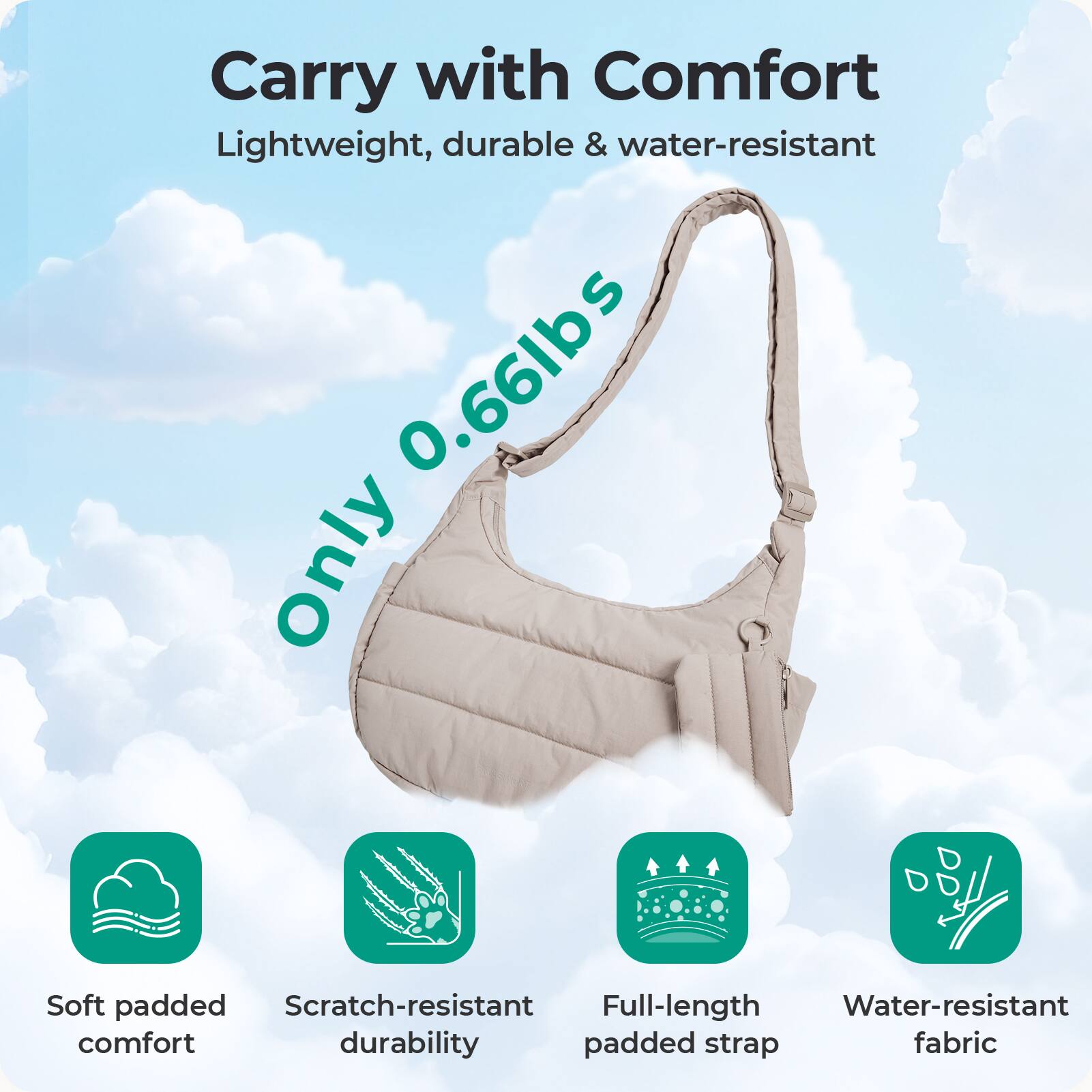 Carry with Comfort  
Lightweight, durable & water-resistant  
Only 0.66lbs  

Soft padded comfort  
Scratch-resistant durability  
Full-length padded strap  
Water-resistant fabric