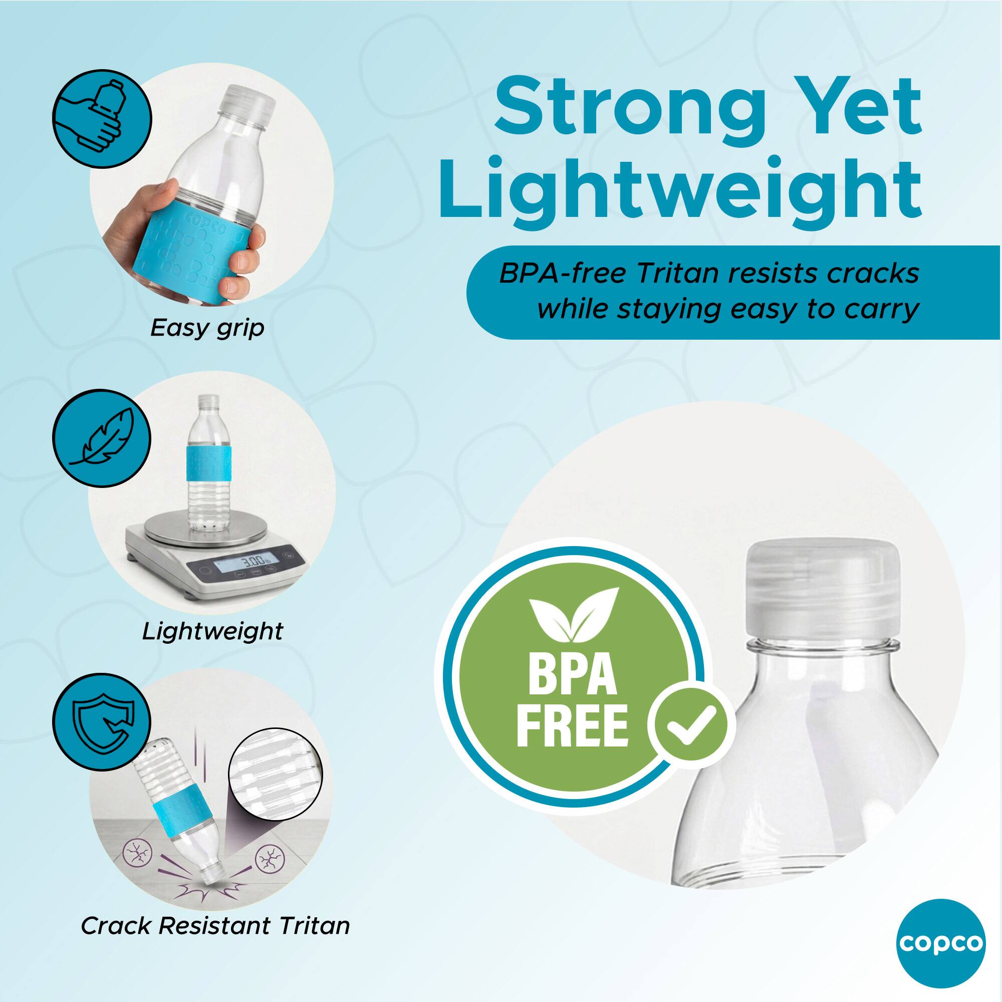 Strong Yet Lightweight  
BPA-free Tritan resists cracks while staying easy to carry  
Easy grip  
Lightweight  
Crack Resistant Tritan  
BPA FREE
