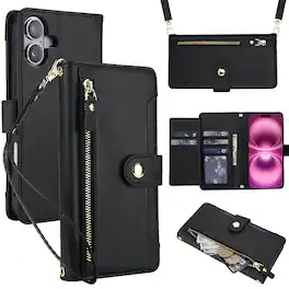 Dteck - Crossbody Zipper Wallet Case for Apple iPhone 16,Faux Leather Magnetic Closure Flip Credit Card Holder Cover+Lanyard - Black