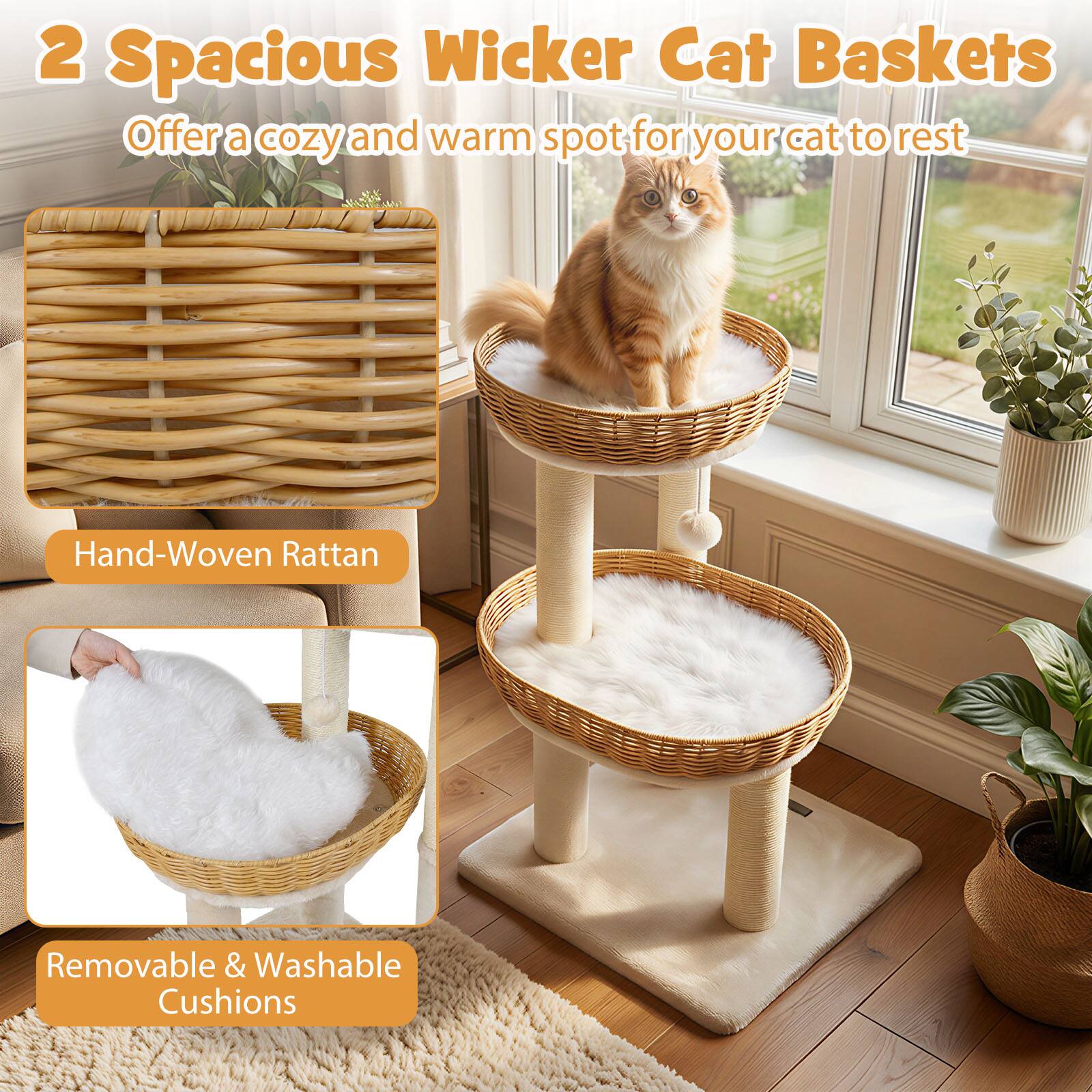 2 Spacious Wicker Cat Baskets  
Offer a cozy and warm spot for your cat to rest  

Hand-Woven Rattan  
Removable & Washable Cushions