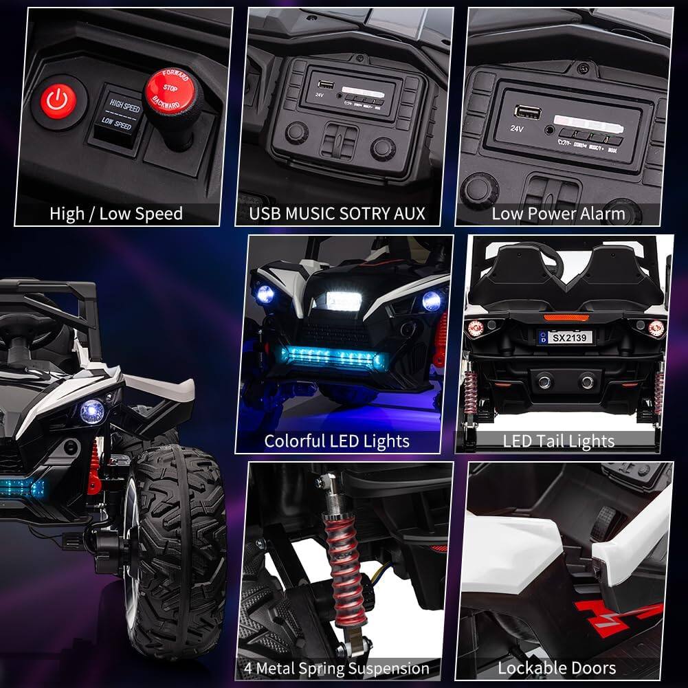 - High / Low Speed
- USB MUSIC SOTRY AUX
- Low Power Alarm
- Colorful LED Lights
- LED Tail Lights
- 4 Metal Spring Suspension
- Lockable Doors