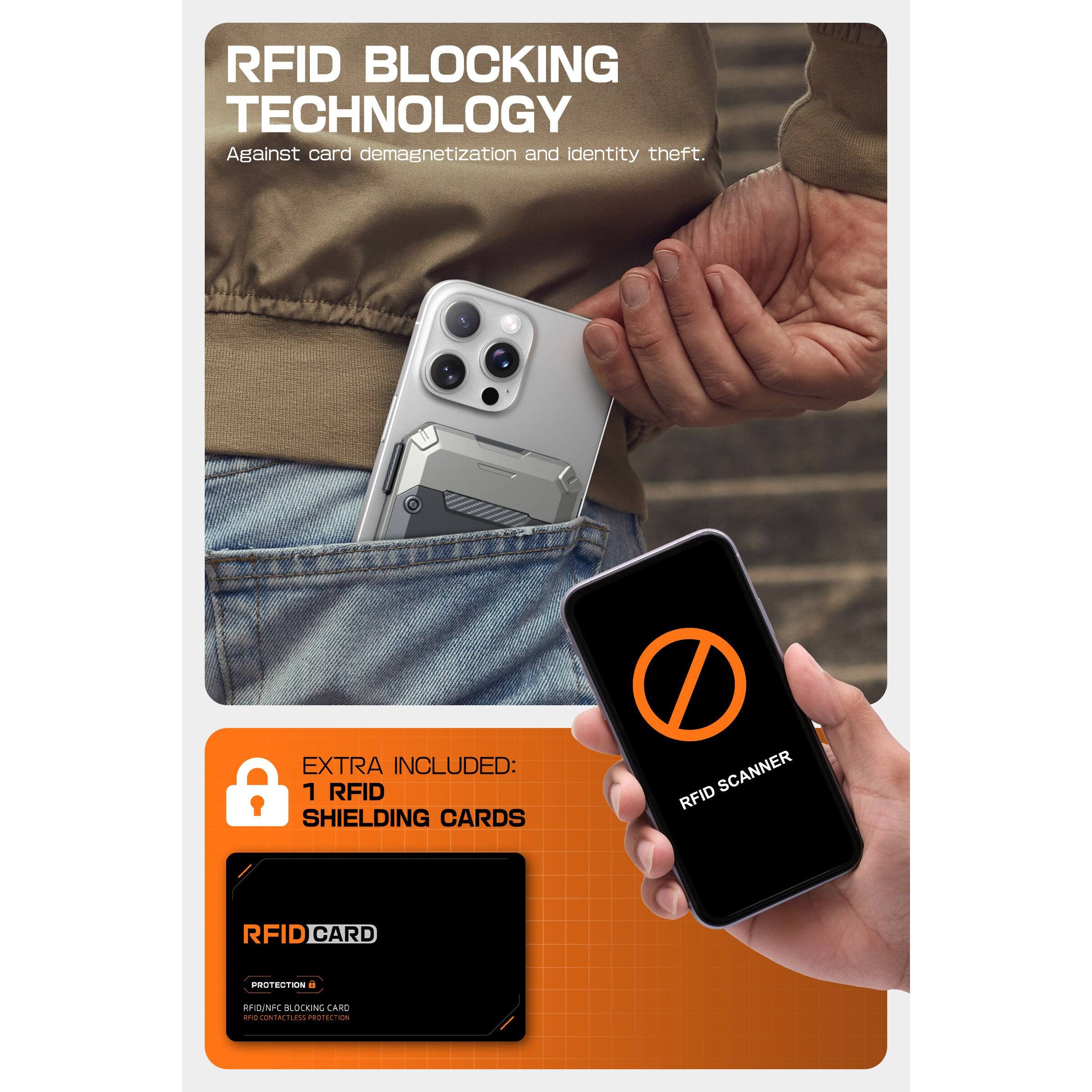 RFID BLOCKING TECHNOLOGY  
Against card demagnetization and identity theft.

EXTRA INCLUDED:  
1 RFID SHIELDING CARDS

RFID CARD  
PROTECTION  
RFID/NFC BLOCKING CARD