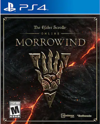 The text on the image is:
"PS4™ The Elder Scrolls ONLINE MORROWIND MATURE 17+ M ESRB Zenimax 'Bethesda online" - M (Mature 17+)