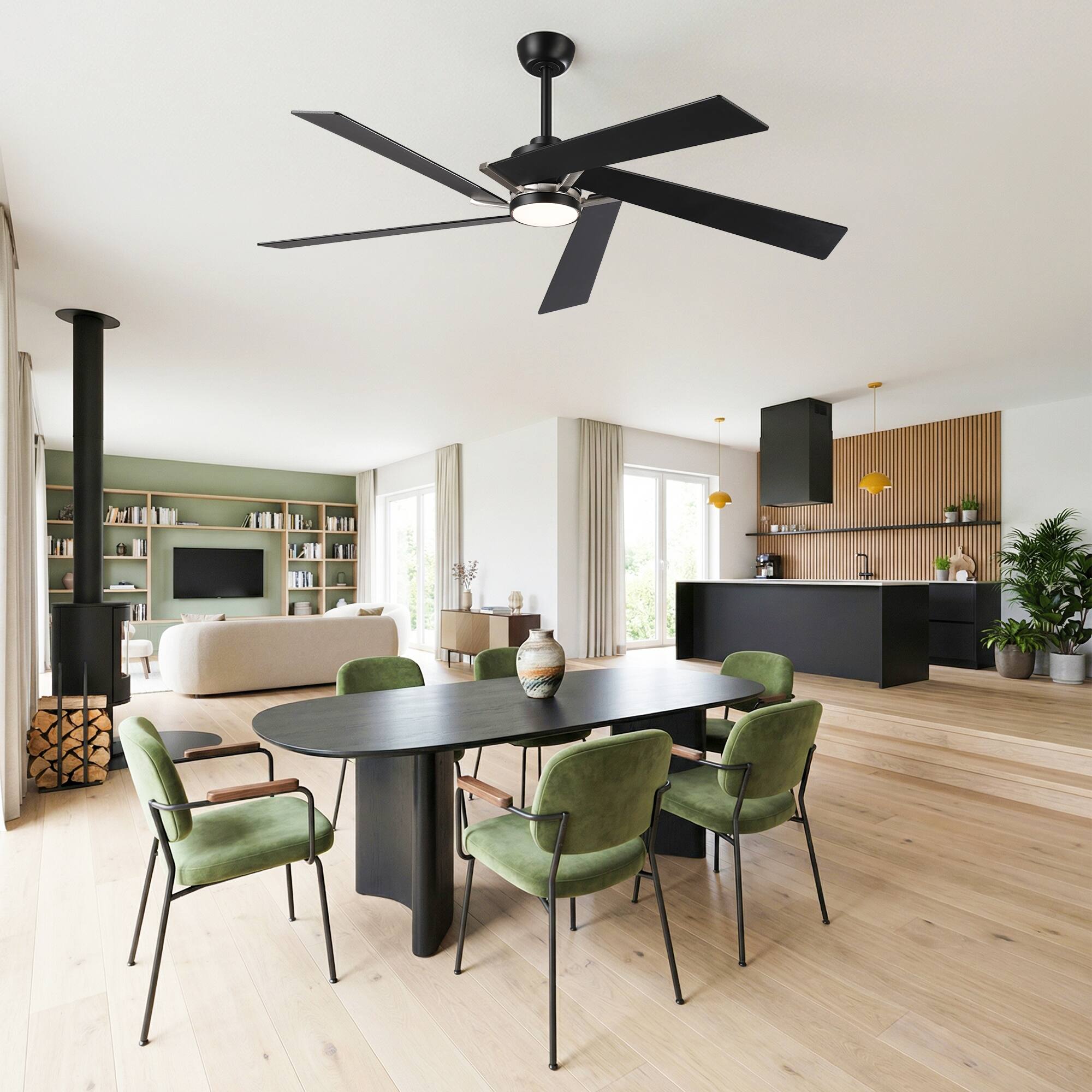 Back. Parrot Uncle - 60" Modern Black LED Ceiling Fan with Remote Control and Reverible Blades - Black.