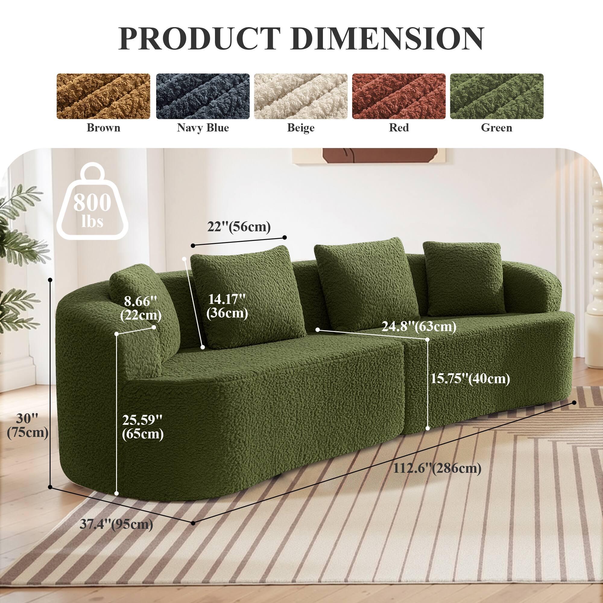 Brick Attic 113 Wide Boucle Upholstered Curved Sofa with 4 Pillows