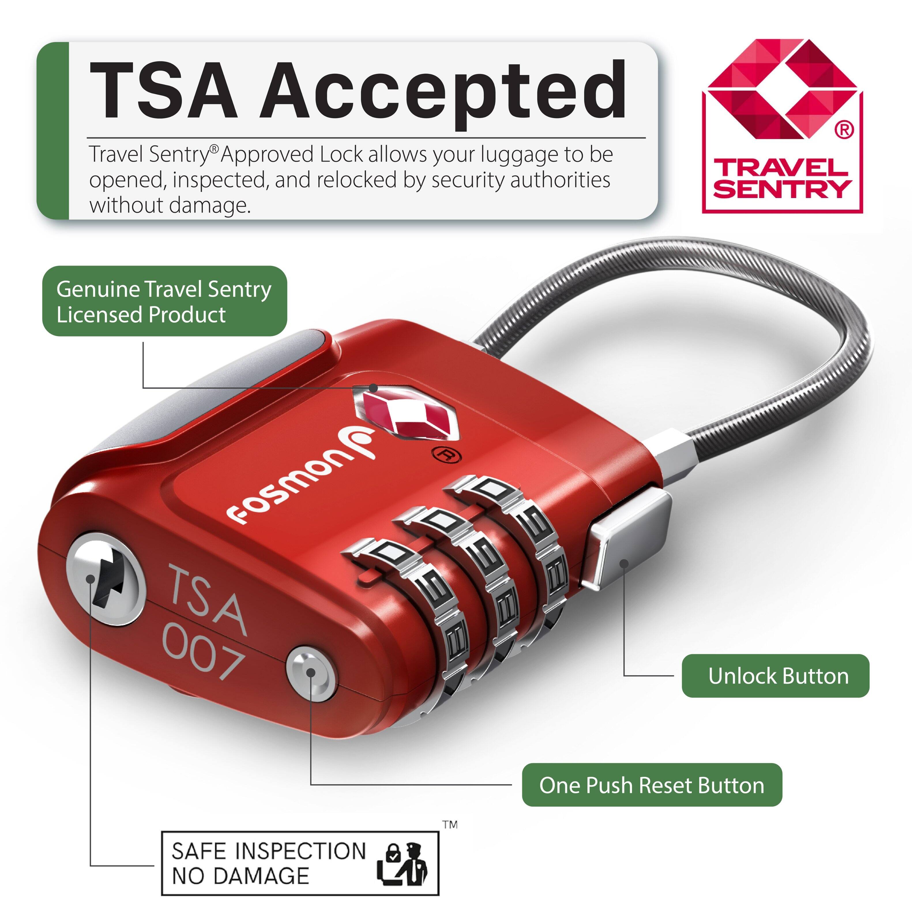 TSA Accepted
Travel Sentry Approved Lock allows your luggage to be opened, inspected, and relocked by security authorities without damage.
Genuine Travel Sentry Licensed Product
FOSMON TSA 007
Unlock Button
One Push Reset Button
TM SAFE INSPECTION NO DAMAGE