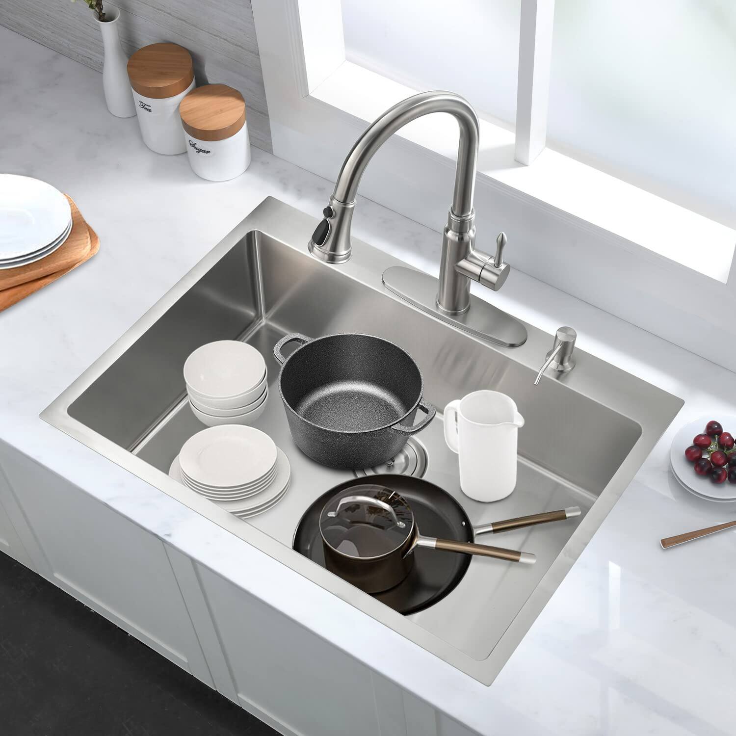 Left. TinyHomie - 30 Inch 2-Hole Single Bowl Drop-In Stainless Steel Kitchen Sink with Bottom Grid and Basket Strainer - brown.