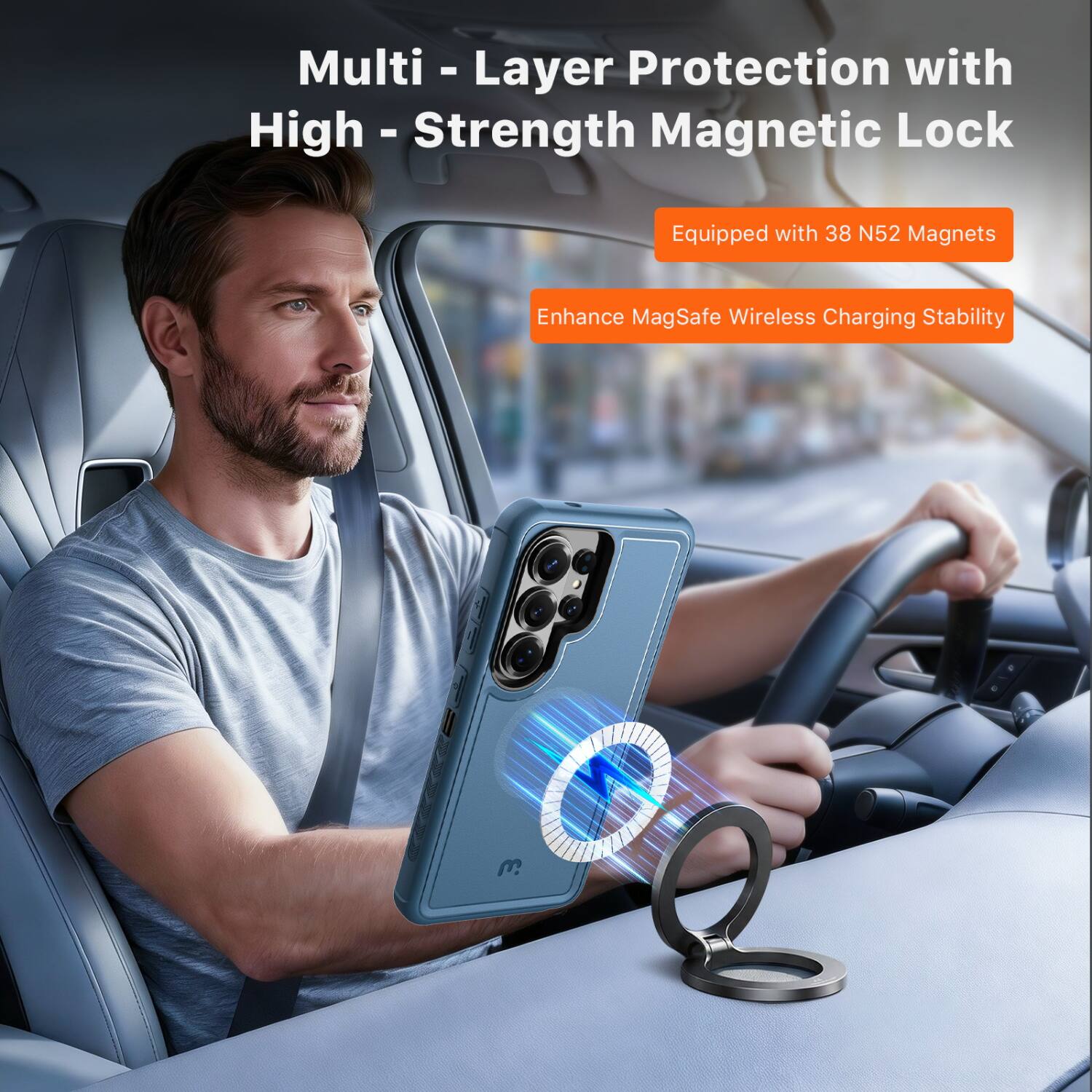 Multi-Layer Protection with High-Strength Magnetic Lock  
Equipped with 38 N52 Magnets  
Enhance MagSafe Wireless Charging Stability