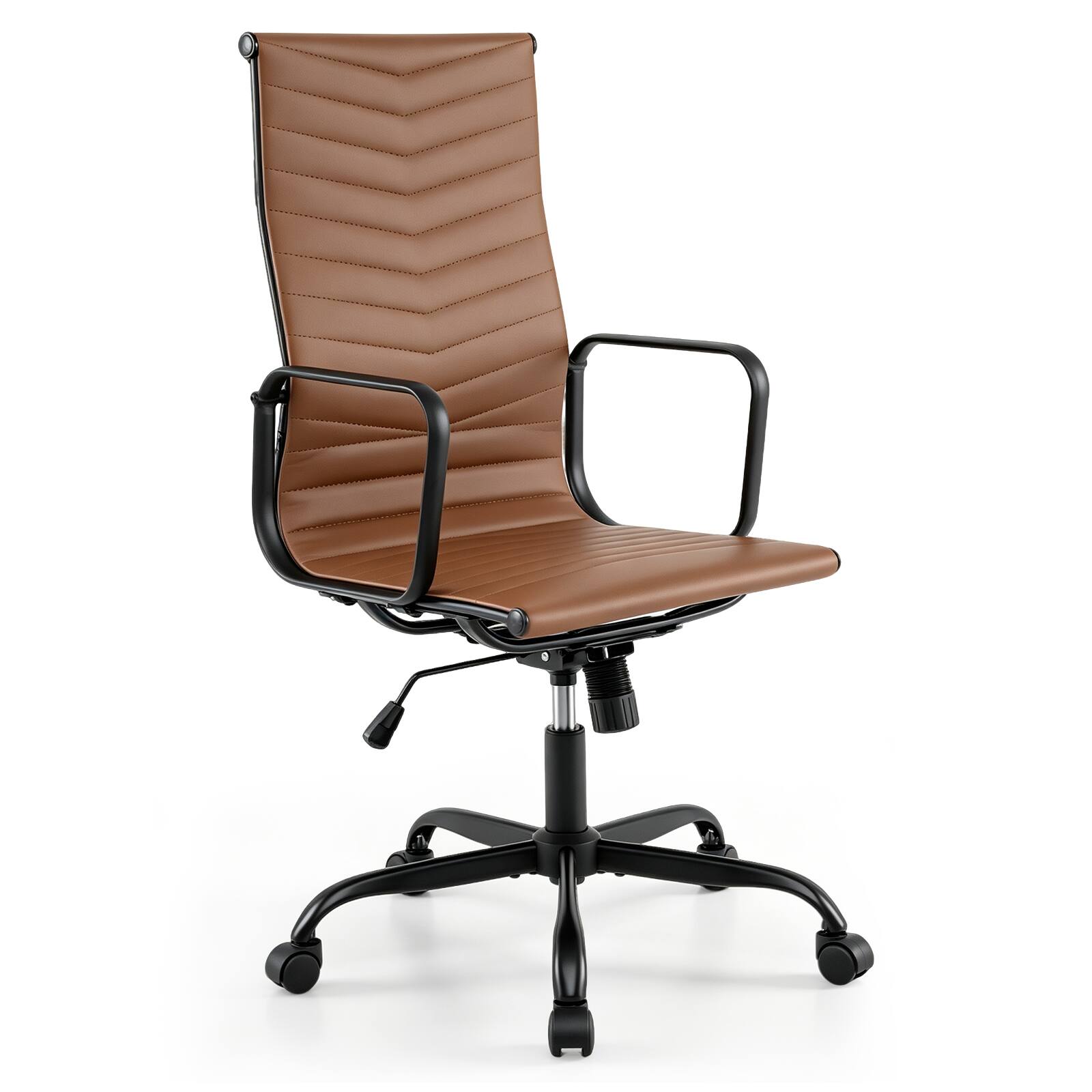 Front. Costway - Costway Ribbed Office Chair High Back PU Leather with Adjustable Height Armrests for Office - Brown.