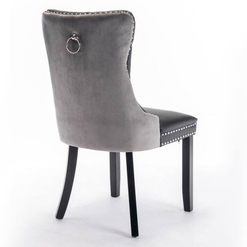 Left. LUCKY ONE - Assembled Tufted PU Velvet Dining Chair Set of 2 with Wood Legs Nailhead Trim High Back - Black+ Gray.