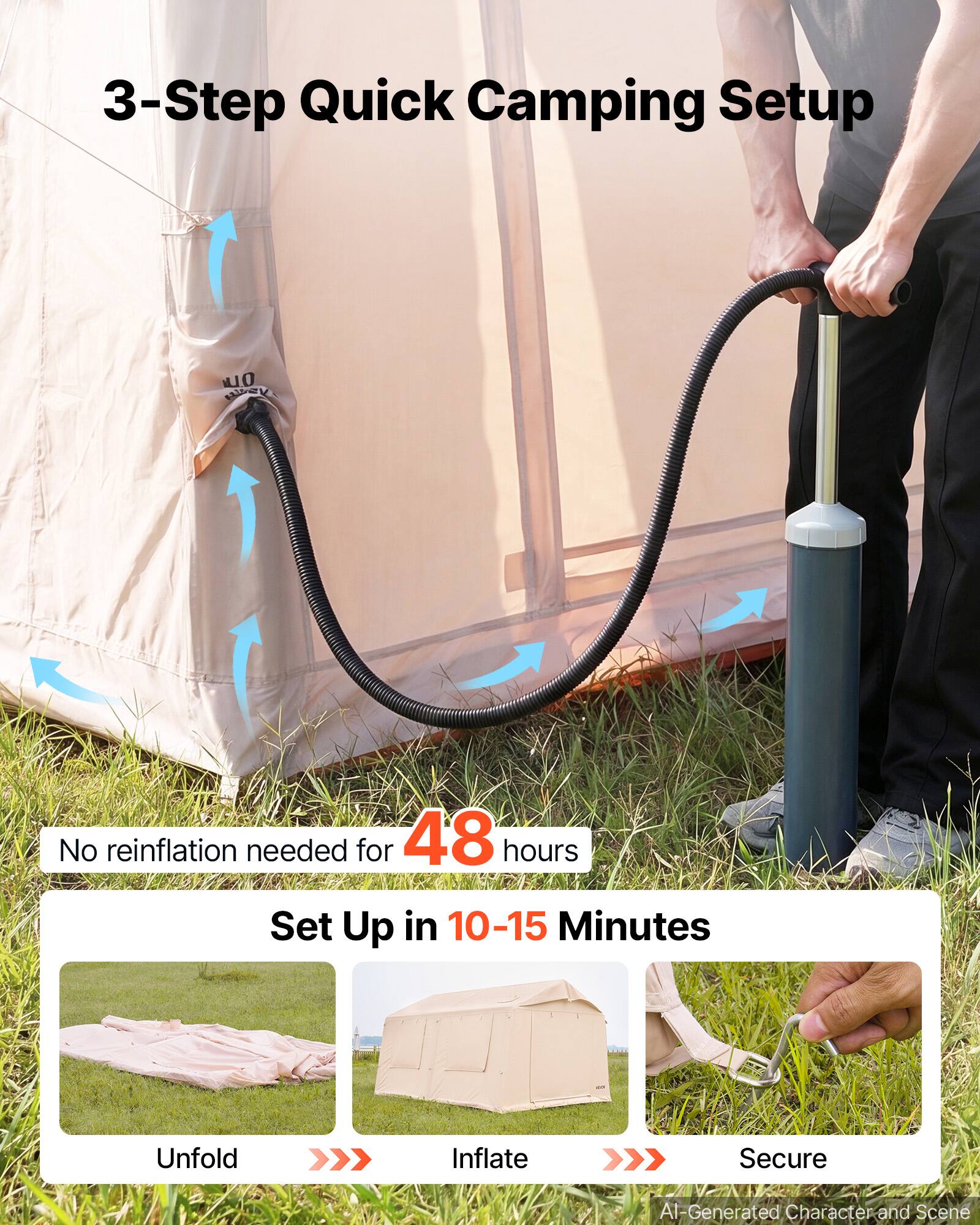 3-Step Quick Camping Setup

No reinflation needed for 48 hours

Set Up in 10-15 Minutes

Unfold
Inflate
Secure

AI-Generated Character and Scene