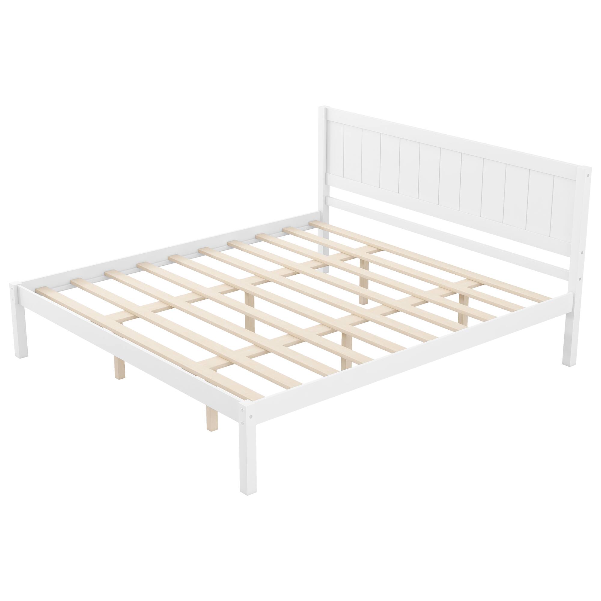 Back. Whisen - King Size Platform Bed Frame with Headboard, Wood Slat Support, Heavy Duty Pine Wood Bed Base - White.