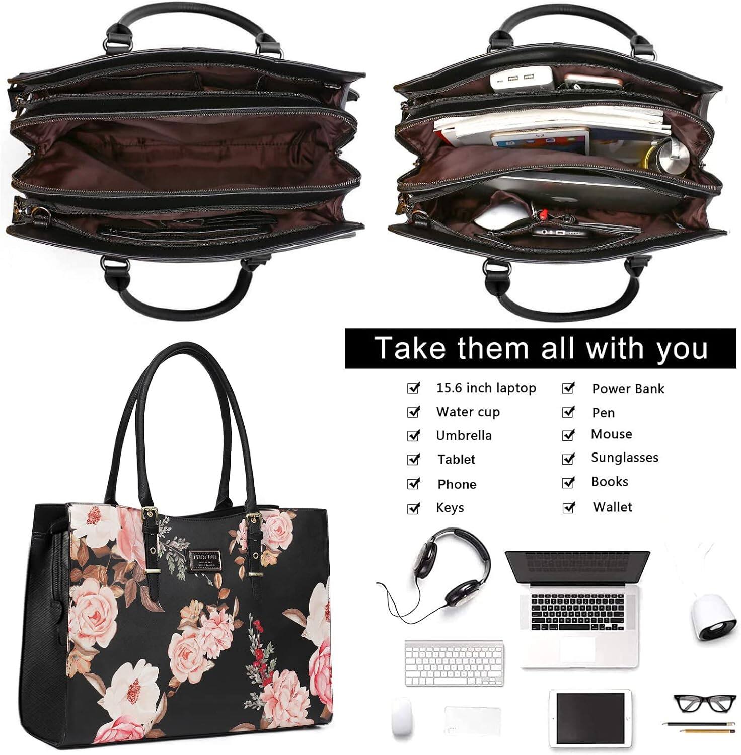 mosiso Laptop Bag for Women 15–16 Inch, Waterproof PU Leather Work