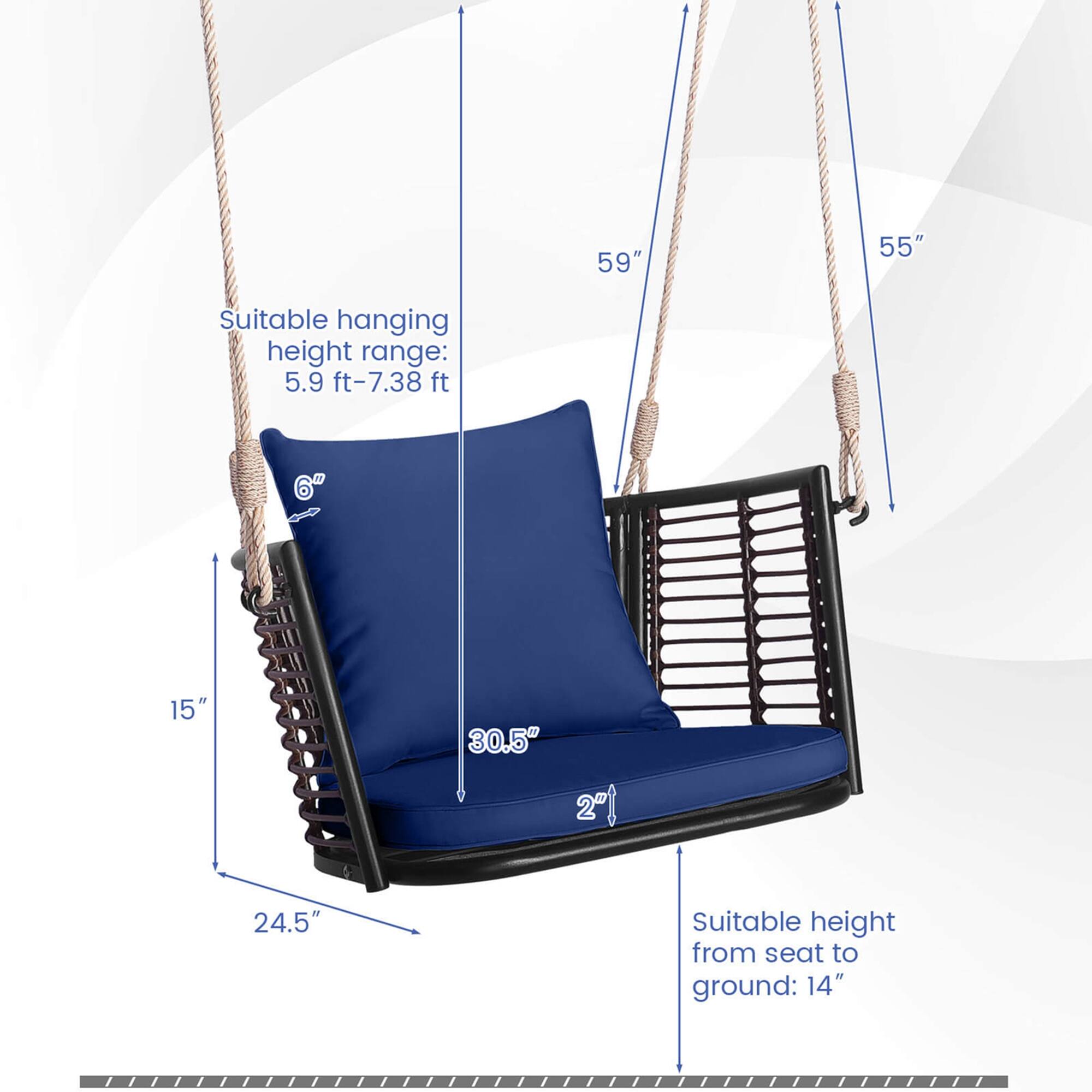 The text on the image is grouped and corrected as follows:

"59" 55" Suitable hanging height range: 5.9 ft-7.38 ft"
"15" 30.5" 2 24.5" Suitable height from seat to ground: 14"