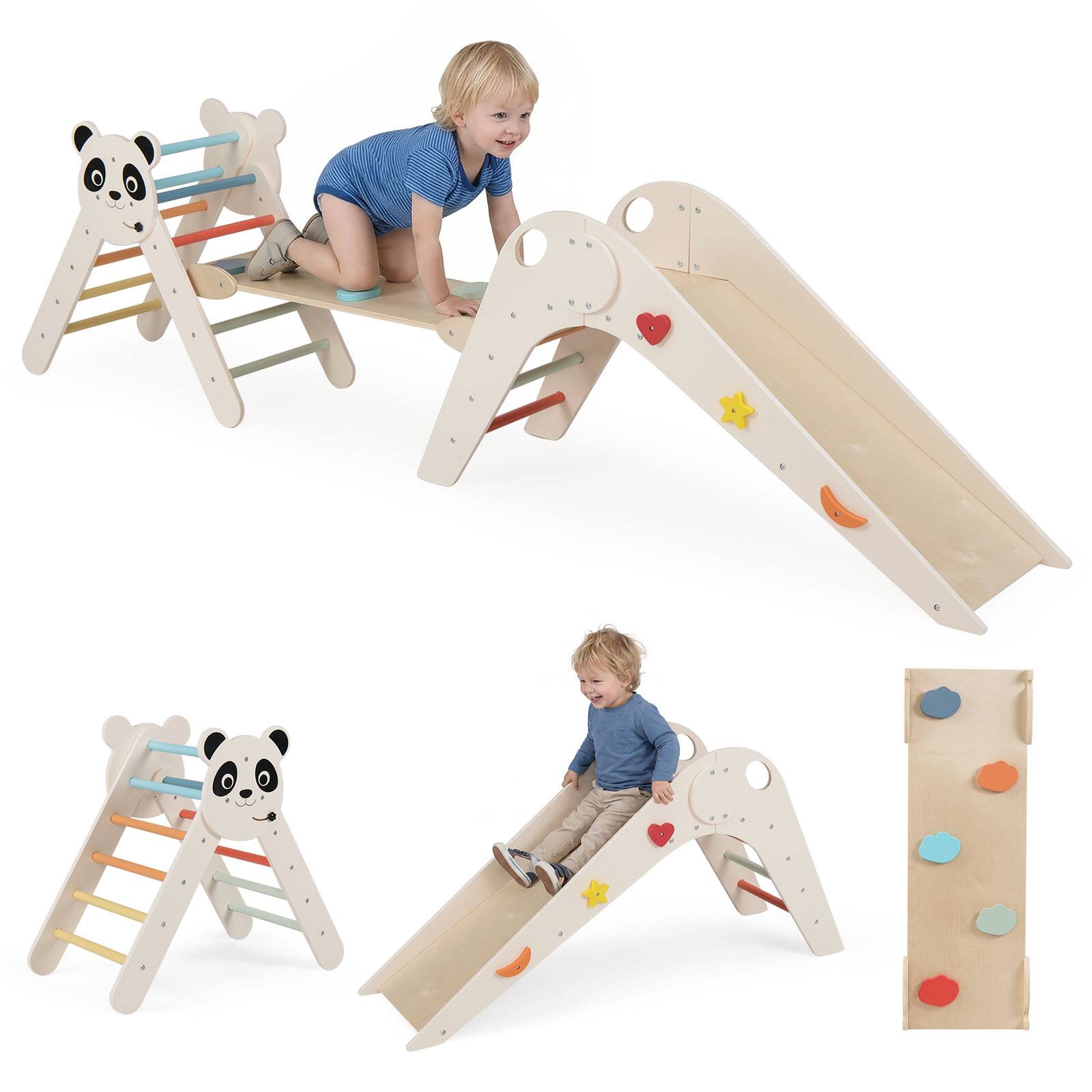 Gymax - Panda-Themed Wood Montessori Climbing Set w/Slide Ramp Ladder & Cartoon Blocks - Beige