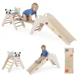 Gymax - Panda-Themed Wood Montessori Climbing Set w/Slide Ramp Ladder & Cartoon Blocks - Beige