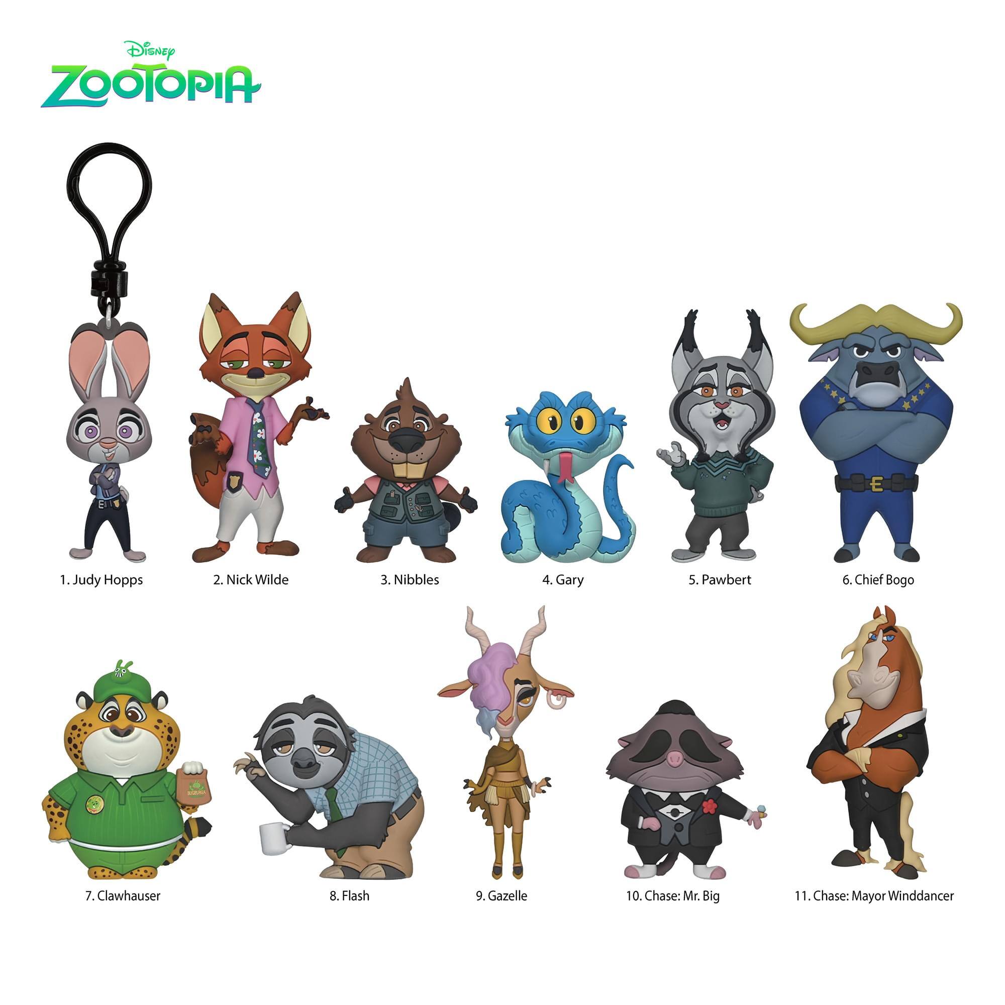 Disney Zootopia

1. Judy Hopps
2. Nick Wilde
3. Nibbles
4. Gary
5. Pawbert
6. Chief Bogo
7. Clawhauser
8. Flash
9. Gazelle
10. Chase: Mr. Big
11. Chase: Mayor Winddancer