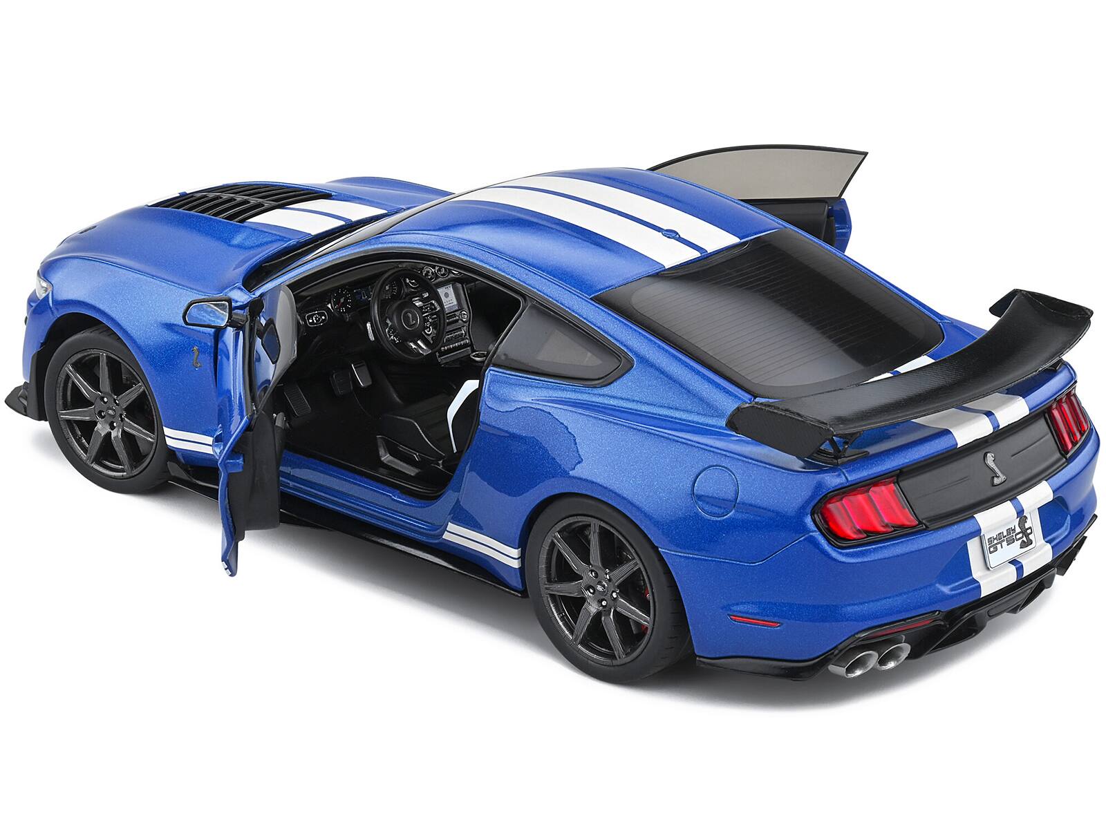 Alt View 1. Solido - 2020 Ford Mustang Shelby GT500 Fast Track Ford Performance Blue Metallic with White Stripes 1/18 Model Car by Solido.