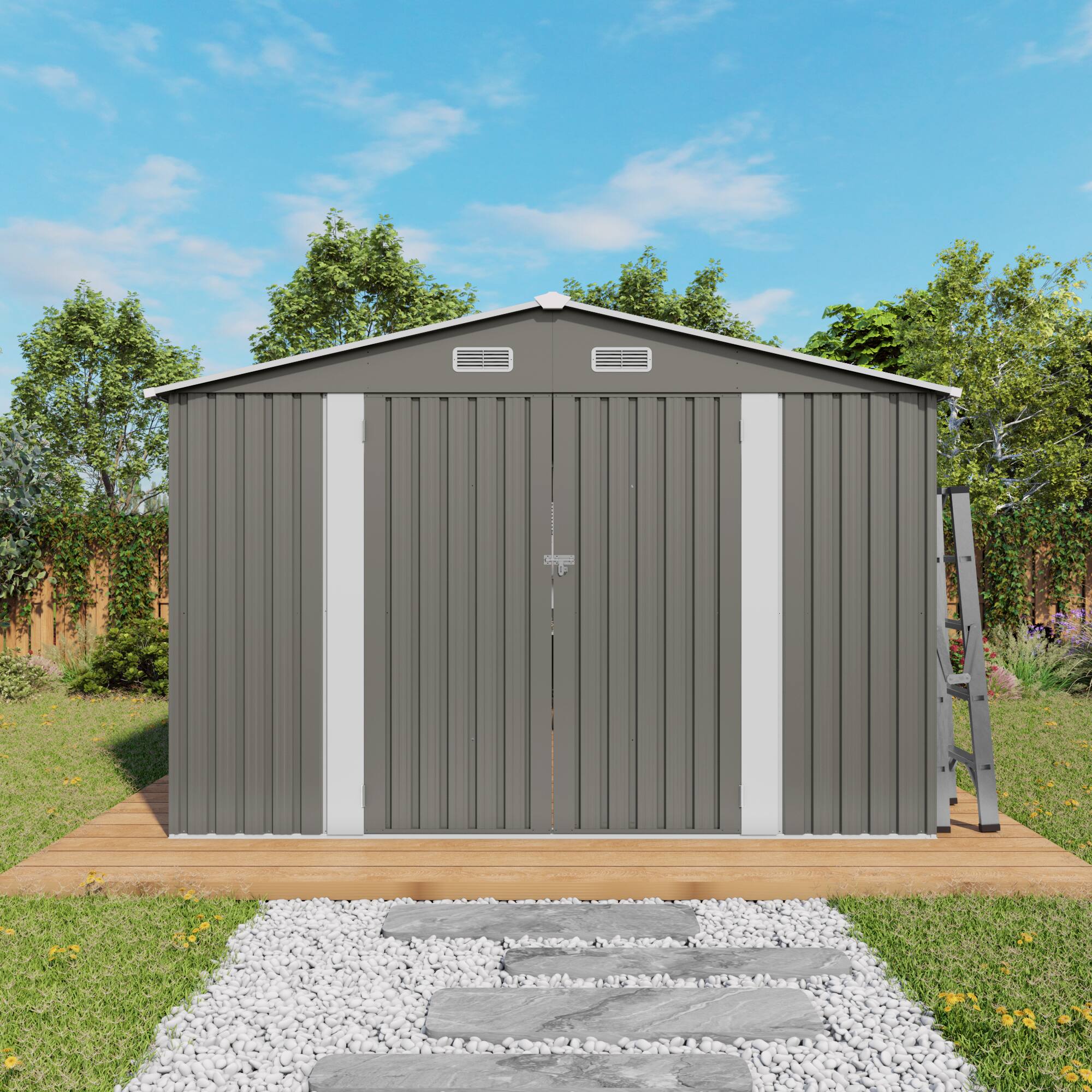 Alt View 8. Loheer - Loheer 10x12 Outdoor Storage Shed Large Metal Garden Shed Waterproof Tool Shed with Double Doors and Windows Grey.